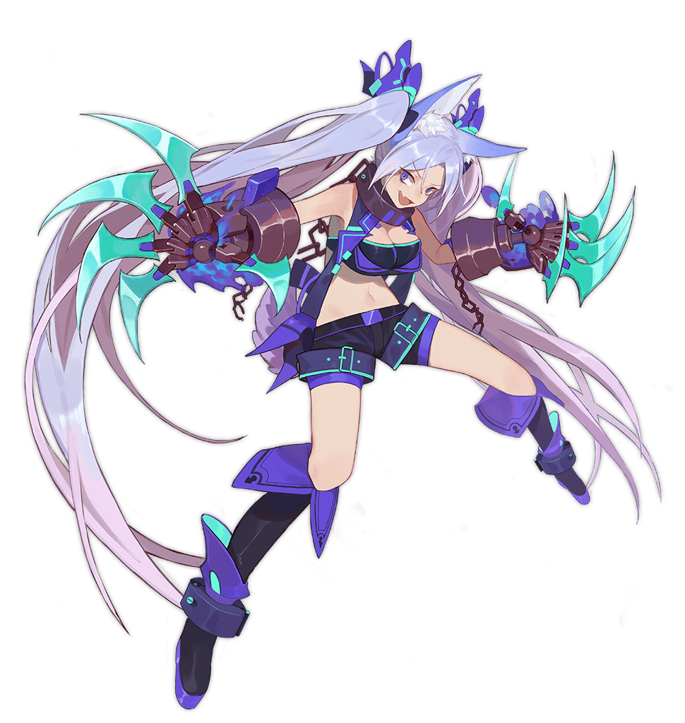 1girl :d animal_ear_fluff animal_ears ark_order black_tube_top blue_eyes blue_fire blue_footwear blue_hair blue_shorts blue_vest boots breasts chain claw_(weapon) cuffs energy fang fenrir_(ark_order) fire full_body gauntlets knee_boots large_breasts long_hair looking_at_viewer midriff navel official_art red_cucumber shackles shorts sidelocks skin_fang smile solo strapless tachi-e tail transparent_background tube_top twintails variant_set very_long_hair vest weapon wolf_ears wolf_tail