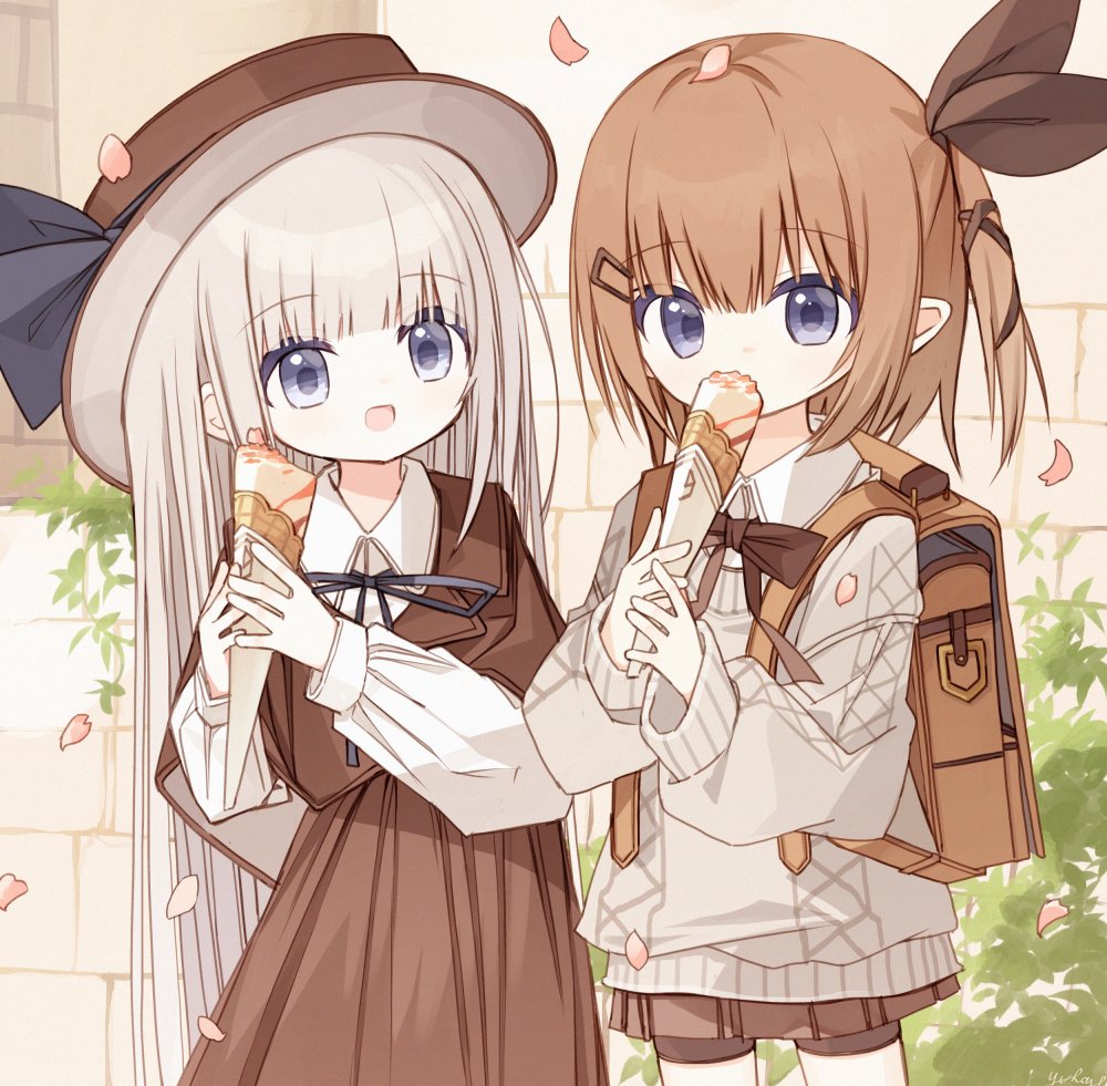 2girls :d backpack bag bike_shorts black_ribbon black_shorts blue_eyes brown_capelet brown_hair brown_hat brown_ribbon brown_skirt capelet collared_shirt commentary_request dress_shirt eating food grey_hair grey_sweater hair_ornament hair_ribbon hairclip healer_girl_(yuuhagi_(amaretto-no-natsu)) holding holding_food long_hair long_sleeves lucena_winter multiple_girls neck_ribbon one_side_up original outdoors petals pleated_skirt pointy_ears puffy_long_sleeves puffy_sleeves ribbon shirt shorts shorts_under_skirt skirt sleeves_past_wrists smile sweater very_long_hair white_shirt yuuhagi_(amaretto-no-natsu)