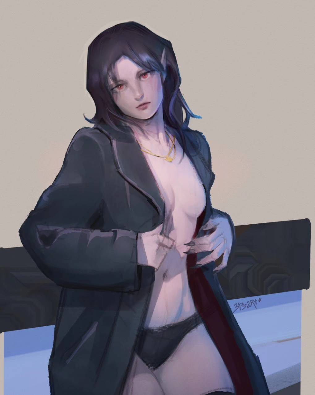 1girl 3ts black_coat black_hair black_nails black_panties breasts coat commentary english_commentary fingernails head_tilt highres jewelry looking_at_viewer medium_hair nail_polish navel necklace open_clothes open_coat original pale_skin panties pointy_ears red_eyes sharp_fingernails solo standing topless underwear vampire