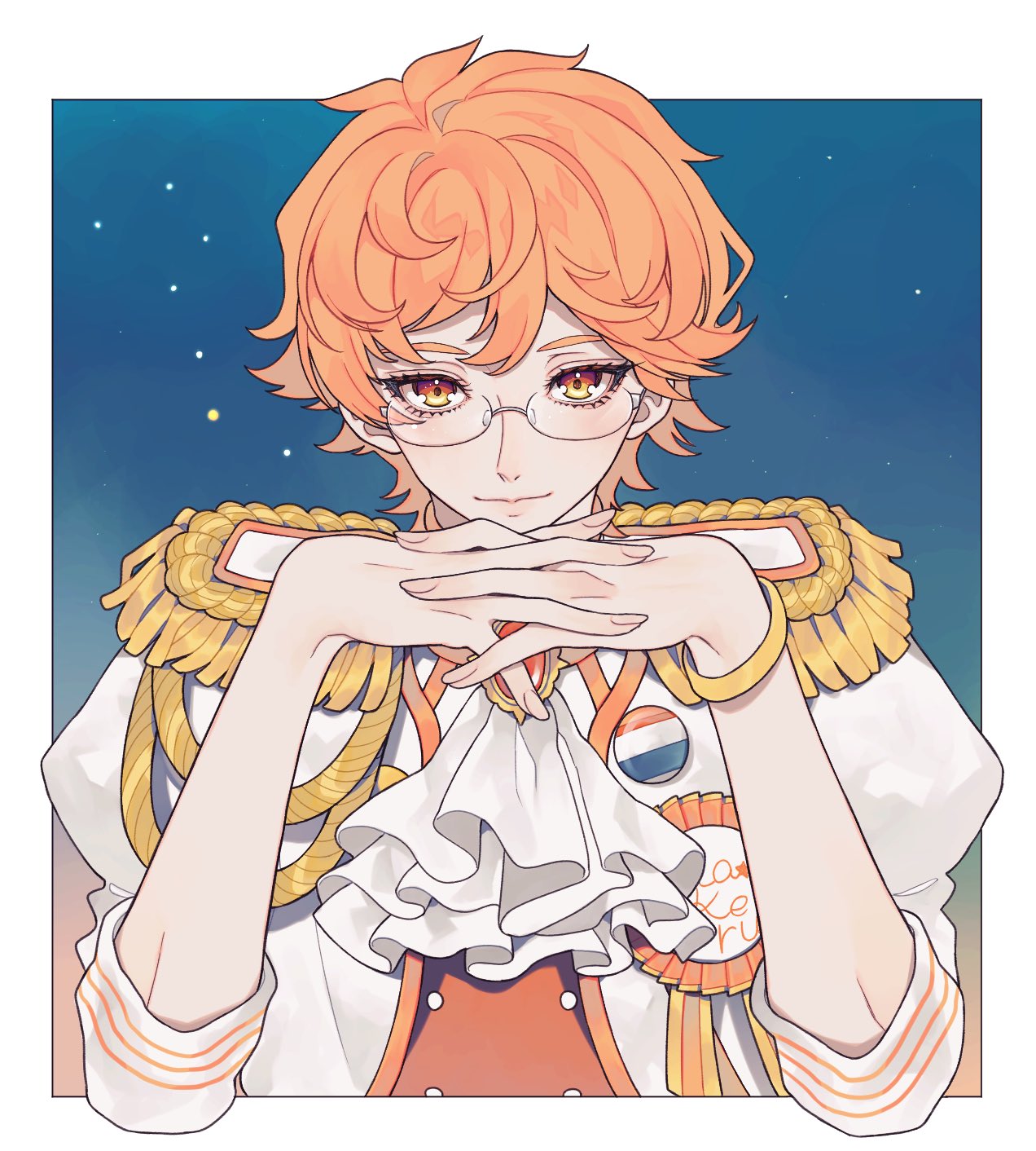 1boy ao_(ao0_0nemu) ascot bad_id bad_twitter_id blue_background bracelet closed_mouth commentary_request cropped_torso epaulettes gendou_pose glasses hands_up highres interlocked_fingers jacket jewelry juuouin_kakeru king_of_prism long_sleeves looking_at_viewer male_focus orange_eyes orange_hair own_hands_clasped own_hands_together pretty_rhythm pretty_series short_hair smile solo upper_body white_ascot white_jacket