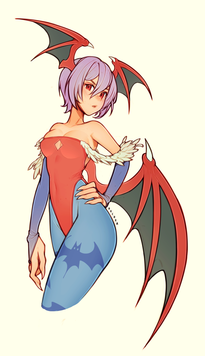 1girl animal_print bare_shoulders bat_print bat_wings breasts bridal_gauntlets cleavage_cutout clothing_cutout cropped_legs demon_girl diamond_cutout gloves hair_between_eyes hand_on_own_hip head_wings highres leotard lilith_aensland long_bangs looking_at_viewer medium_breasts oxcoxa pantyhose print_pantyhose purple_hair red_eyes red_leotard short_hair solo strapless strapless_leotard vampire_(game) wings