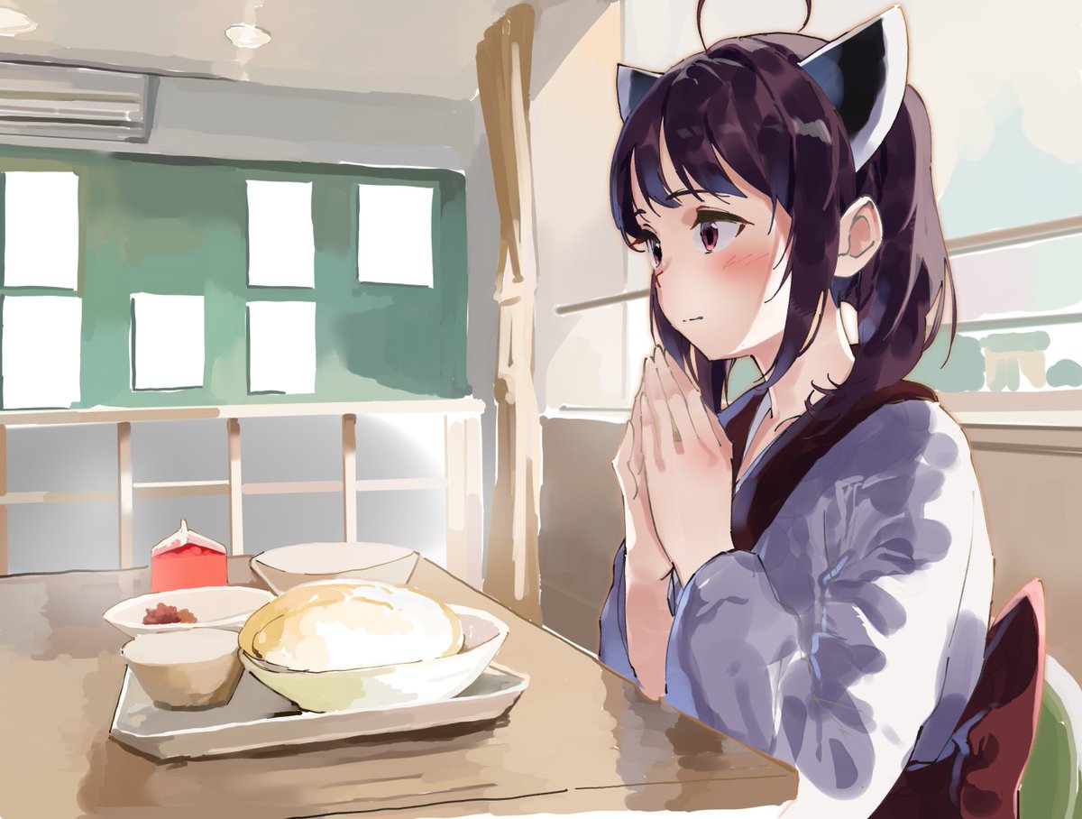 1girl ahoge black_hair blush cafeteria closed_mouth curtains food japanese_clothes kimono lamb_(hitsujiniku) milk_carton obi own_hands_together purple_eyes sash solo table touhoku_kiritan tray twintails voiceroid window