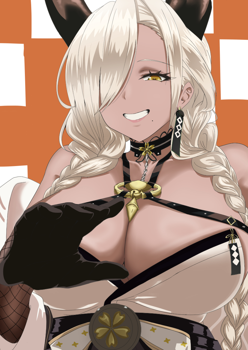 03-wind 1girl azur_lane bare_shoulders black_choker black_gloves black_horns blonde_hair breasts choker cleavage commentary_request dark-skinned_female dark_skin earrings elbow_gloves gloves grin hair_over_one_eye horns huge_breasts jewelry large_horns long_hair looking_at_viewer mole mole_under_mouth orange_background owari_(azur_lane) simple_background smile solo two-tone_background upper_body very_long_hair white_background yellow_eyes