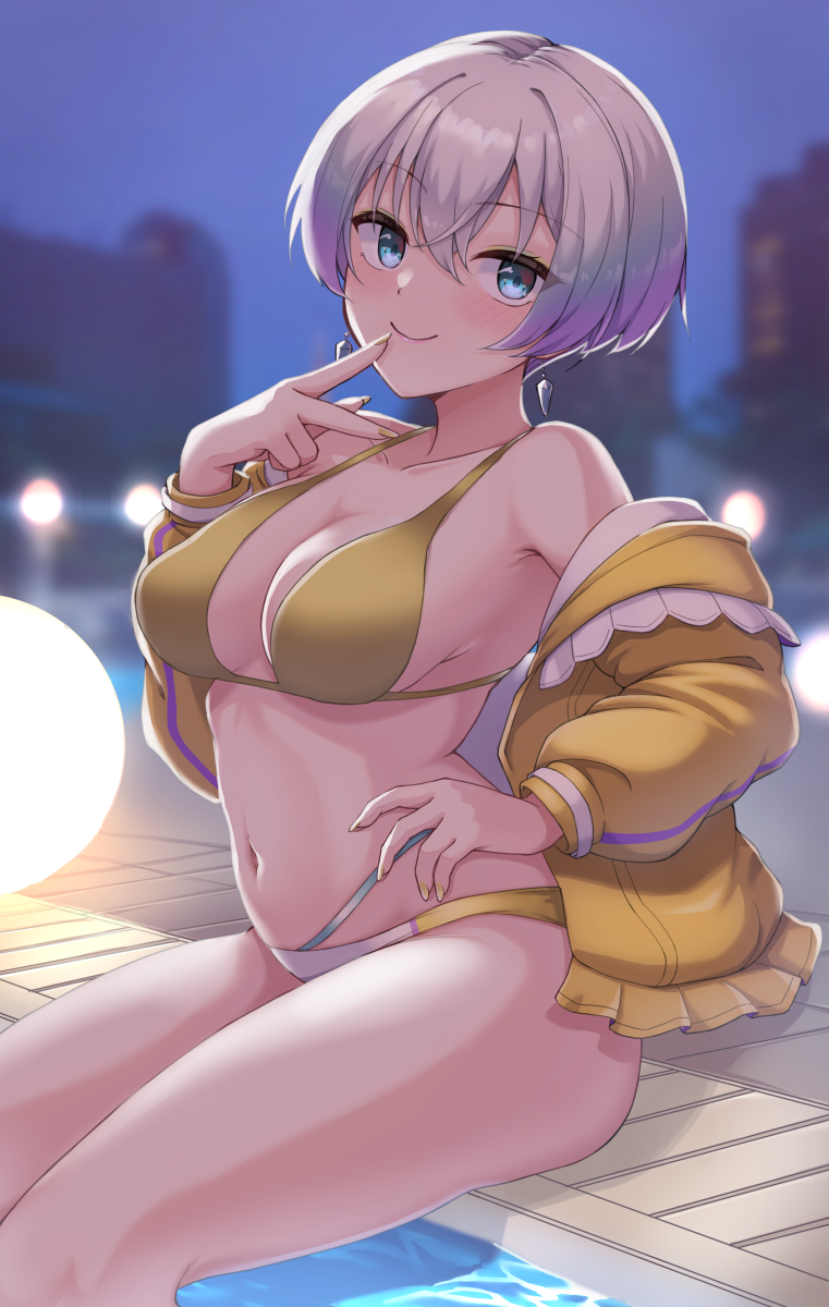 1girl a.i._voice b.c bare_shoulders bikini blue_eyes blush commission earrings gold_bikini gradient_hair grey_hair highres jacket jewelry layered_bikini looking_at_viewer multicolored_hair navel off_shoulder open_clothes open_jacket paid_reward_available poolside purple_hair short_hair sitting skeb_commission sky smile soaking_feet solo swimsuit two-tone_hair unoka v water