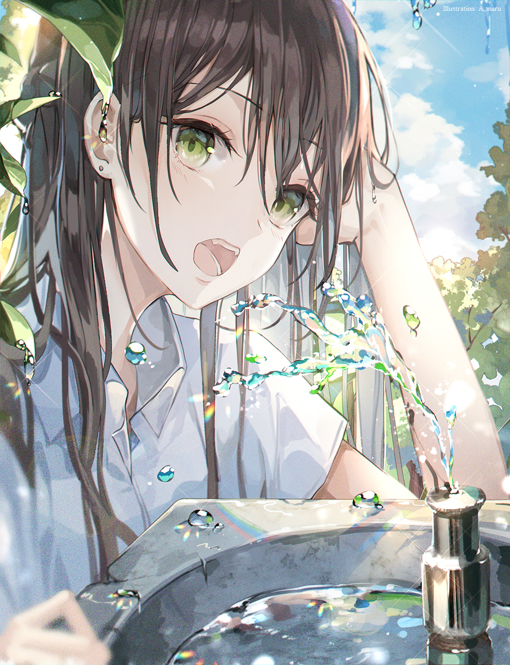 1girl artist_name bangs blurry brown_hair collared_shirt commentary_request drinking_fountain eyelashes glint green_eyes hair_between_eyes hand_up highres leaf long_hair looking_at_viewer looking_to_the_side open_mouth original shirt short_sleeves sparkle summer teeth tongue unity_(ekvmsp02) water water_drop watermark white_shirt