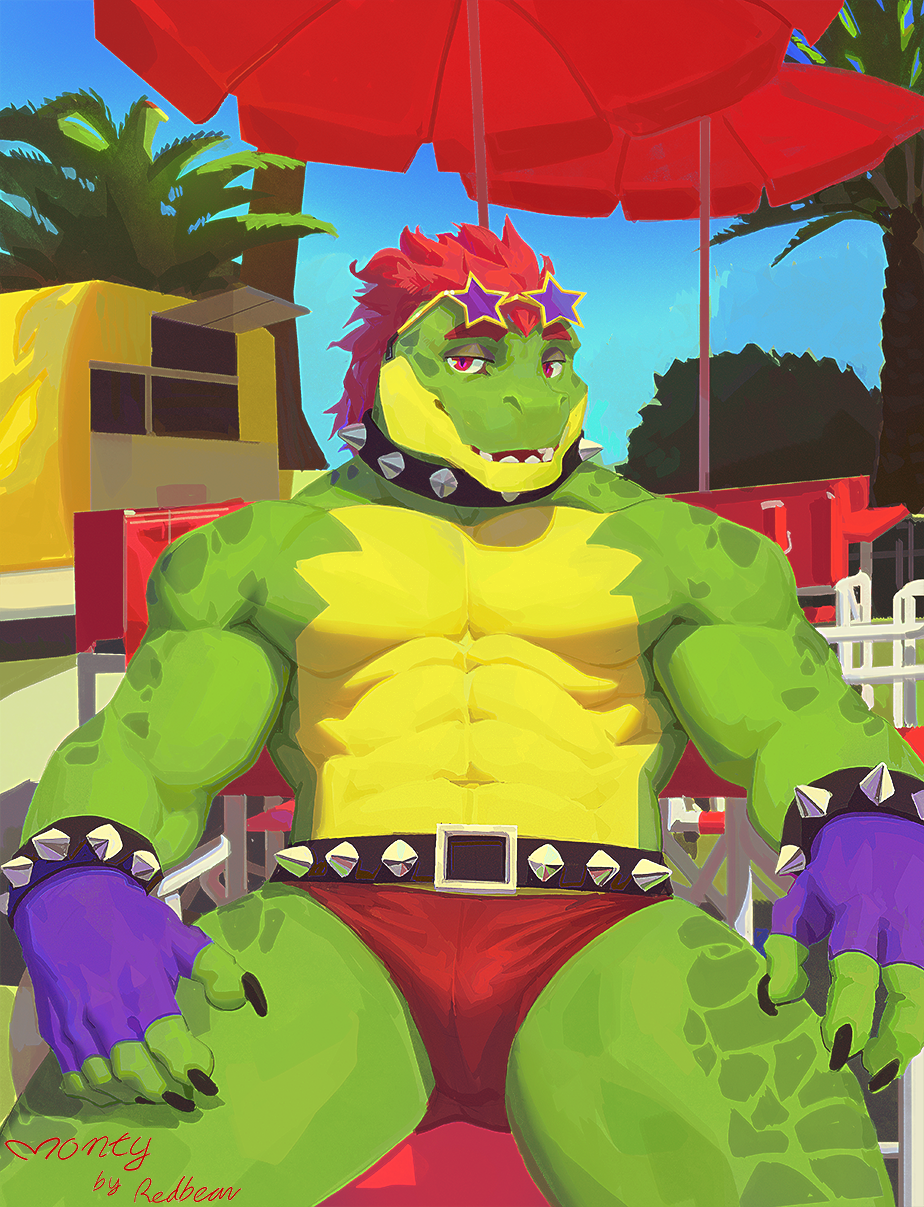 abs alligator alligatorid animal_humanoid anthro belt bracelet claws clothing collar crocodile crocodilian crocodylid eyewear five_nights_at_freddy's five_nights_at_freddy's:_security_breach green_body green_skin hair hi_res humanoid jewelry male male/male montgomery_gator muscular muscular_male open_mouth pecs red8ean red_eyes red_hair reptile reptile_humanoid scalie scalie_humanoid scottgames smile solo spiked_bracelet spiked_collar spikes steel_wool_studios sunglasses teeth underwear