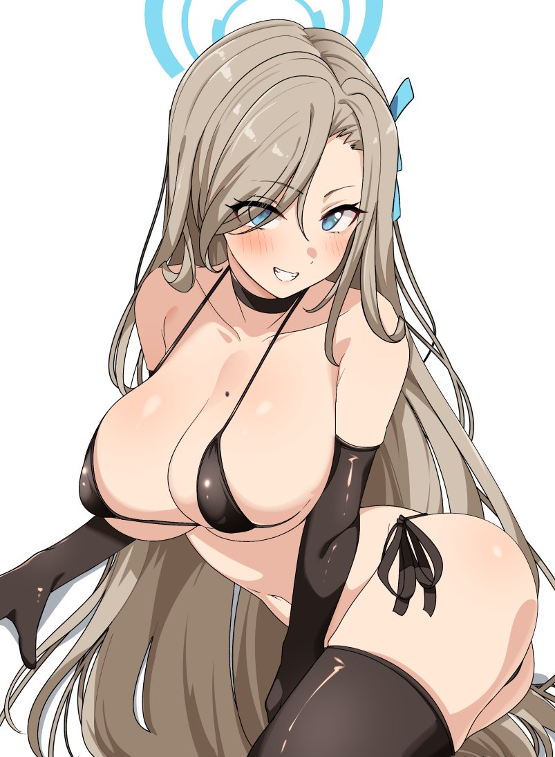 1girl alternate_costume asuna_(blue_archive) bikini black_bikini black_choker black_gloves black_thighhighs blue_archive blue_eyes blue_halo blue_ribbon blush breasts choker cleavage commentary cowboy_shot elbow_gloves eyes_visible_through_hair gloves grin hair_over_one_eye hair_ribbon halo large_breasts light_brown_hair long_hair looking_at_viewer mole mole_on_breast navel ribbon seihekiog side-tie_bikini_bottom simple_background smile solo standing string_bikini swimsuit teeth thighhighs very_long_hair white_background