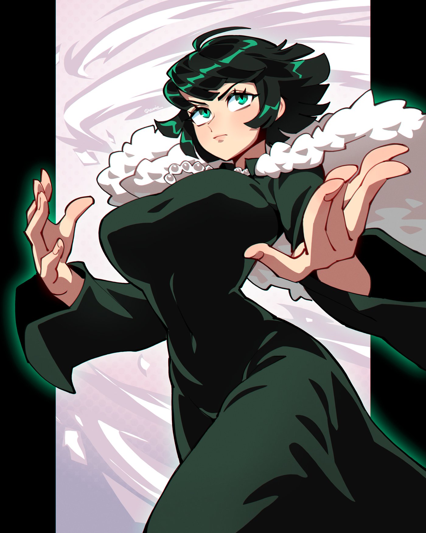 1girl 333_(dqqqdle) breasts dress feather-trimmed_jacket fubuki_(one-punch_man) green_dress green_eyes green_hair hands_up highres jewelry looking_up necklace one-punch_man short_hair tornado walking