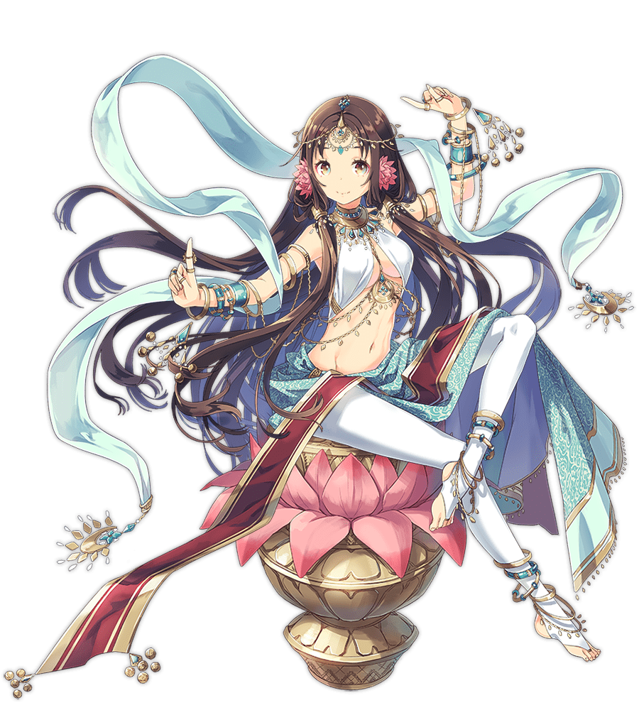 1girl anklet ark_order bangle bracelet breasts bridal_legwear brown_eyes brown_hair flower full_body h2so4 hair_tubes hands_up index_finger_raised jewelry lakshmi_(ark_order) leggings long_hair lotus lotus_pedestal midriff navel official_art ring simple_background sitting small_breasts smile solo tachi-e thumb_ring toeless_legwear toes transparent_background underboob