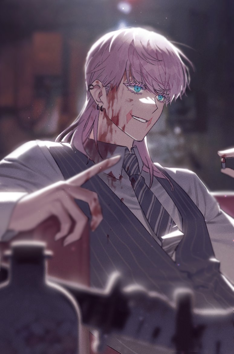 1boy aqua_eyes blood blood_on_clothes blood_on_face blood_on_hands blood_on_neck blurry collared_shirt couch depth_of_field ear_piercing eyelashes from_side hand_up hogu_051 holding_pill index_finger_raised leaning_back looking_ahead male_focus medium_hair necktie on_couch parted_lips piercing pink_hair purple_necktie purple_vest sanzu_haruchiyo scar scar_on_face shadow shirt sitting smirk solo tokyo_revengers upper_body vest white_shirt