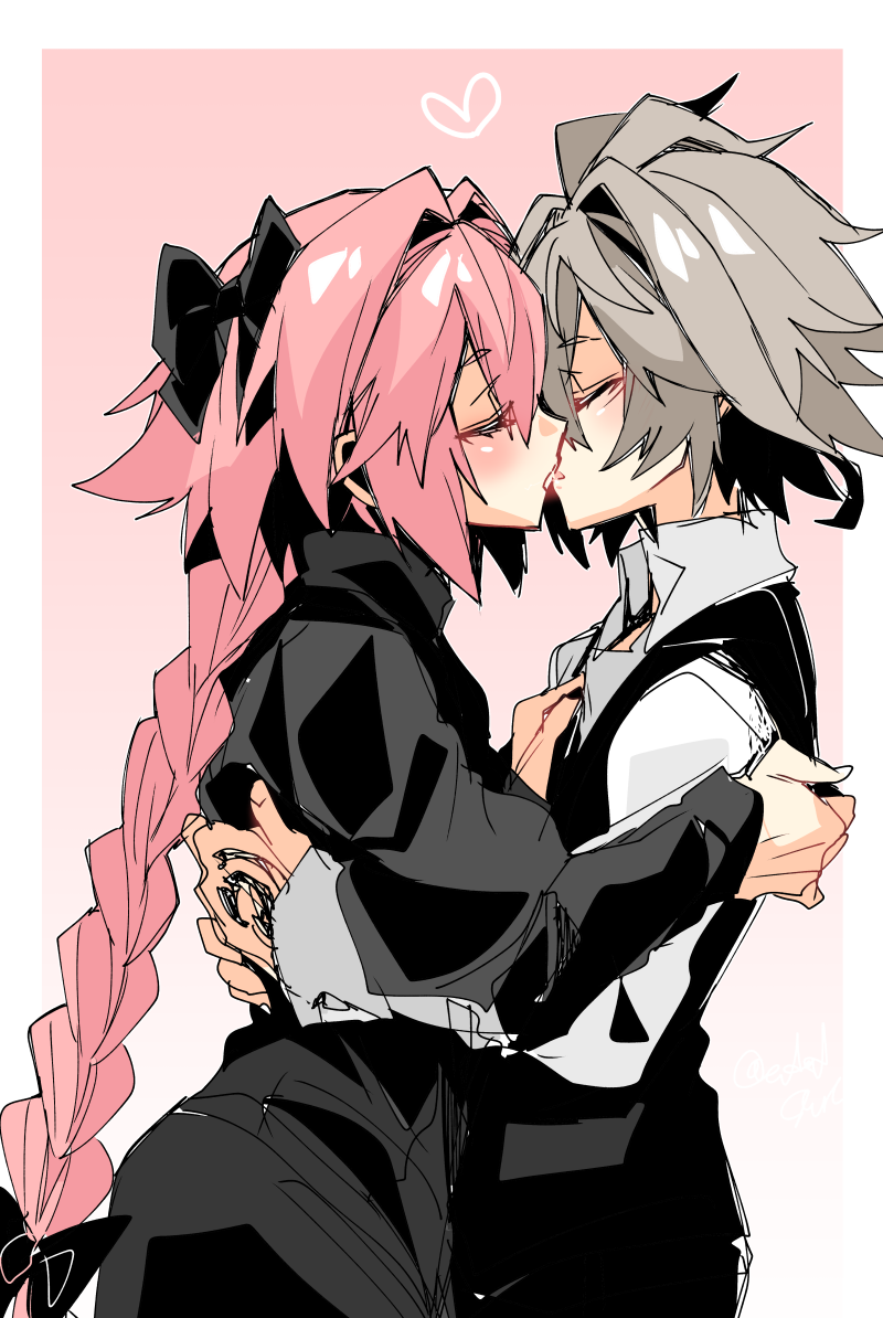 2boys androgynous ass astolfo_(fate) black_bow black_dress black_vest blush bow braid closed_mouth command_spell dress fang fate/apocrypha fate_(series) from_side gradient_background grey_hair hair_between_eyes hair_bow hair_intakes hand_on_another's_arm hand_on_another's_chest hands_on_another's_back haoro heart hug kiss long_braid long_hair male_focus multicolored_hair multiple_boys otoko_no_ko pink_background pink_hair shirt sieg_(fate) signature single_braid skin_fang streaked_hair two-tone_hair upper_body very_long_hair vest white_hair white_shirt yaoi