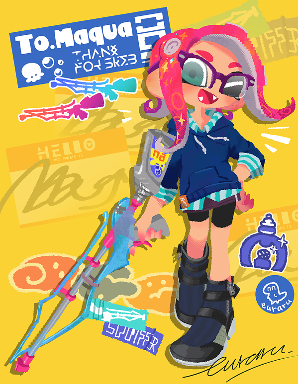 1girl bike_shorts blue_eyes blue_hoodie commission euraru fangs glasses gun hand_on_own_hip holding holding_gun holding_weapon hood hoodie octoling_girl octoling_player_character one_eye_closed open_mouth red_hair shoes signature skeb_commission solo splatoon_(series) squiffer_(splatoon) tentacle_hair weapon