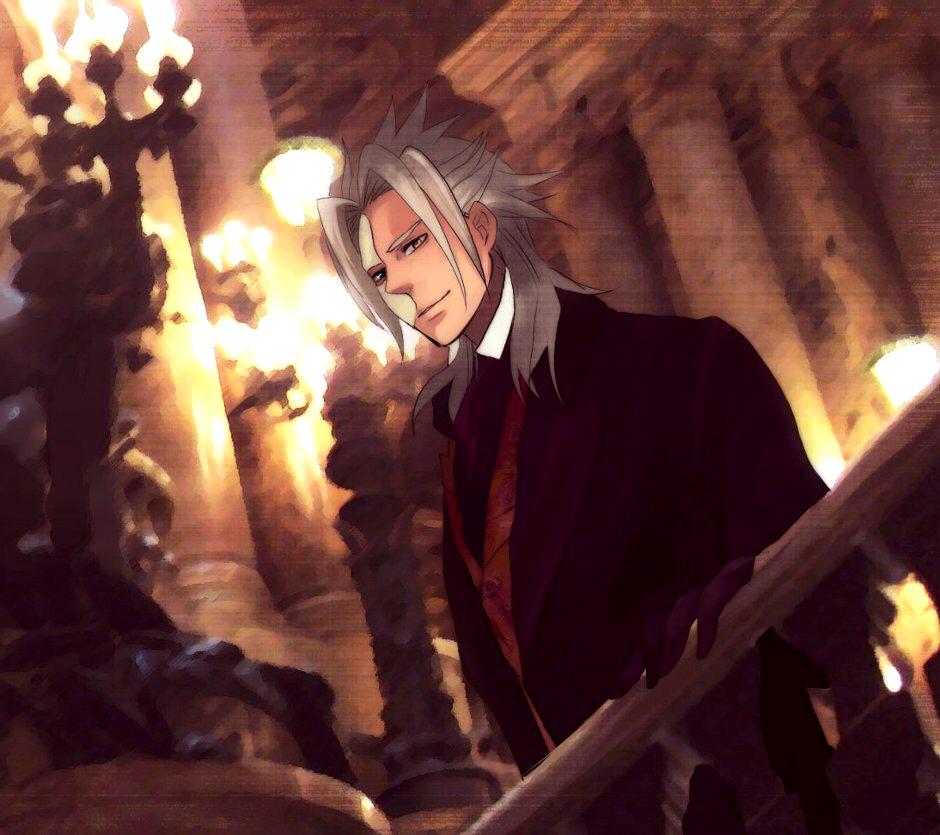 black_gloves black_suit blurry blurry_background candle candlestand column commentary_request cosplay dress_shirt dutch_angle erik_(phantom_of_the_opera) erik_(phantom_of_the_opera)_(cosplay) gloves grey_hair half_mask hand_on_railing hand_up high_collar indoors kingdom_hearts kingdom_hearts_ii light_smile long_hair looking_down mask minatoya_mozuku night parted_bangs phantom_of_the_opera photo_background pillar red_vest shirt spiked_hair standing suit vest white_shirt xemnas yellow_eyes