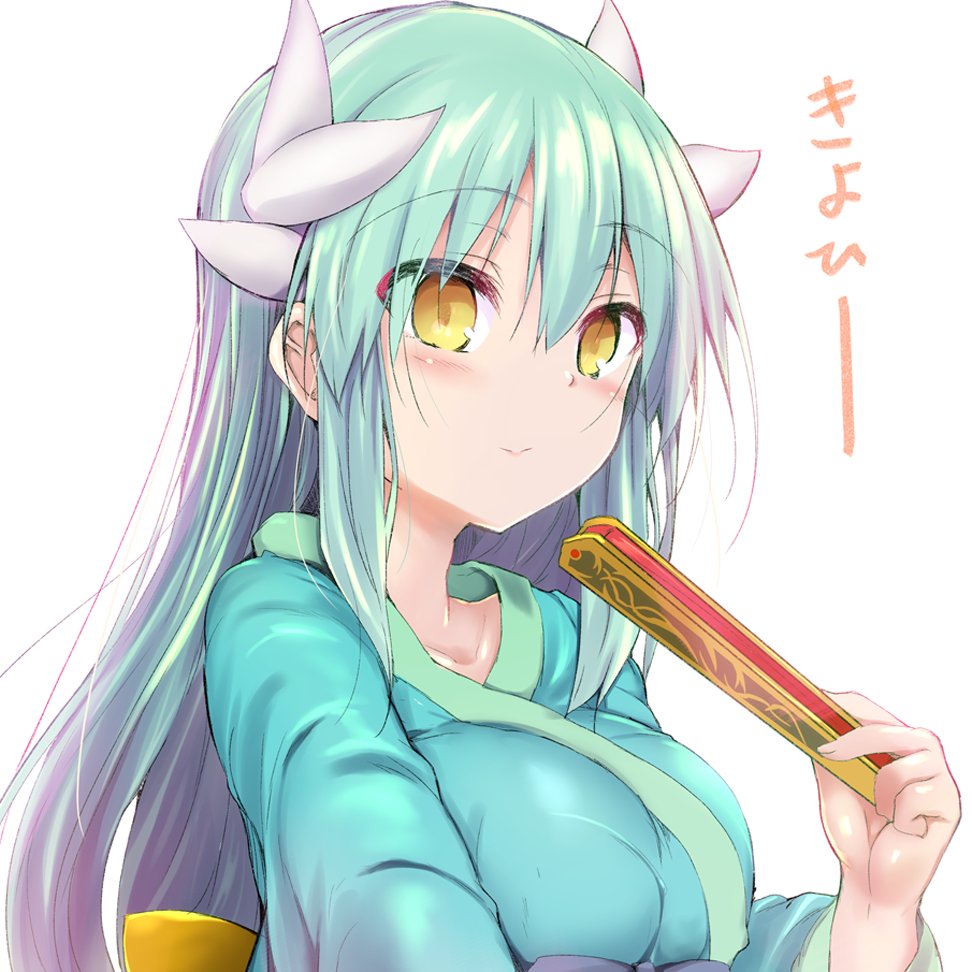 1girl blush breasts dragon_girl dragon_horns fate/grand_order fate_(series) folding_fan green_hair green_kimono hand_fan horns japanese_clothes kimono kiyohime_(fate) long_hair long_sleeves looking_at_viewer medium_breasts multiple_horns sen_(astronomy) smile solo translation_request wide_sleeves yellow_eyes