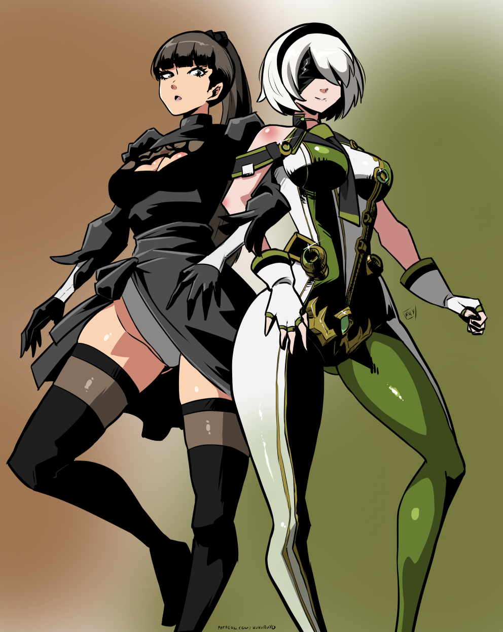 2b_(nier:automata) 2girls artist_name bare_arms bare_shoulders black_dress black_gloves black_hair black_hairband black_thighhighs blindfold blunt_bangs bodysuit breasts brown_eyes cleavage_cutout clothing_cutout commentary cosplay costume_switch covered_eyes dress english_commentary eve_(stellar_blade) facing_viewer feet_out_of_frame fingerless_gloves gloves gradient_background hairband highres juliet_sleeves kukuruyo large_breasts locked_arms long_hair long_sleeves looking_at_viewer mole mole_under_mouth multiple_girls nier:automata nier_(series) open_mouth patreon_username ponytail puffy_sleeves short_hair simple_background smile stellar_blade thighhighs trait_connection white_gloves white_hair