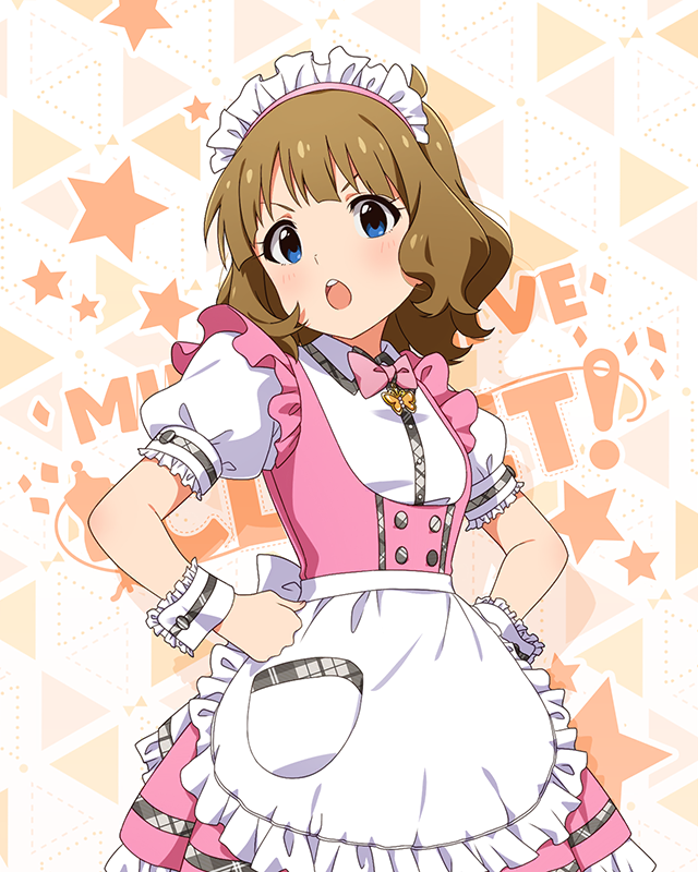 1girl ahoge apron blue_eyes blush bow bowtie brown_hair butterfly_ornament chestnut_mouth cowboy_shot dot_nose dress eyelashes frilled_apron frilled_skirt frills hands_on_own_hips idolmaster idolmaster_million_live! idolmaster_million_live!_theater_days looking_at_viewer maid_headdress official_alternate_costume official_art open_mouth pink_bow pink_bowtie pink_dress pretty_waitress_(idolmaster) puffy_short_sleeves puffy_sleeves shirt short_hair short_sleeves sidelocks skirt solo standing starry_background suou_momoko teeth thighhighs upper_body v-shaped_eyebrows waist_apron waitress wavy_hair white_apron white_shirt white_thighhighs wrist_cuffs