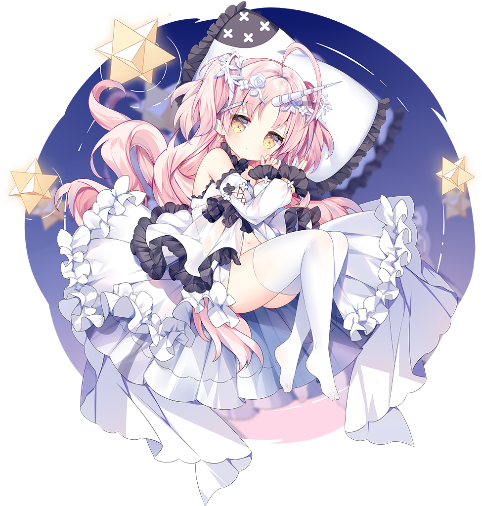 1girl ahoge ark_order bare_shoulders closed_mouth detached_sleeves dot_mouth dress expressionless frilled_dress frilled_pillow frilled_sleeves frills full_body hair_ornament hair_ribbon horns horse_tail jewelry long_hair long_sleeves looking_at_viewer lying no_shoes official_art on_side pillow pink_hair pointy_ears ribbon round_image single_horn solo stellated_octahedron tail thighhighs transparent_background tsukimi_(xiaohuasan) two_side_up unicorn_(ark_order) unicorn_girl white_dress white_thighhighs x_hair_ornament yellow_eyes