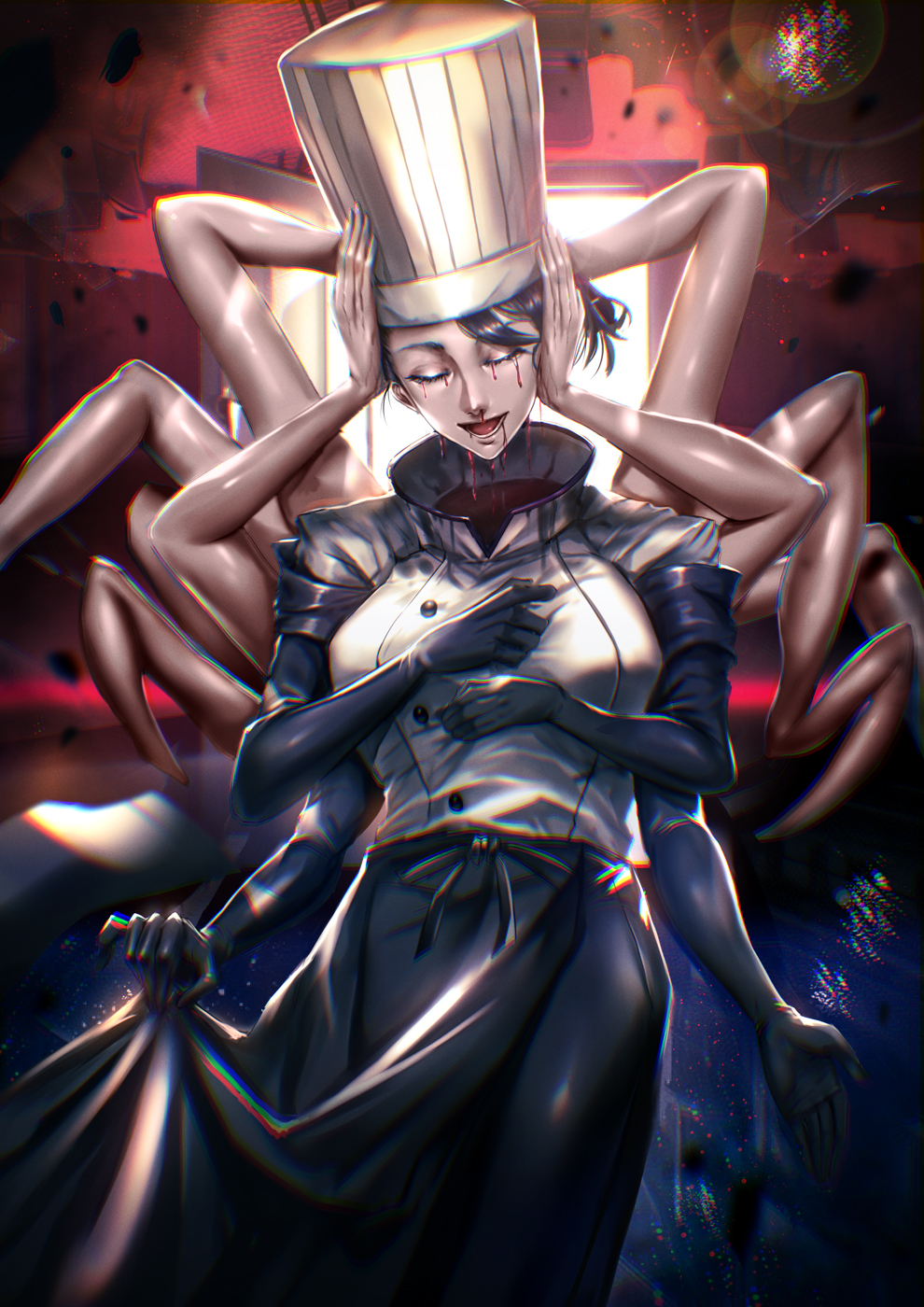 1girl :d apron apron_hold arthropod_limbs black_apron black_gloves black_hair blood blood_from_eyes blood_from_mouth chainsaw_man chef chef_hat closed_eyes cowboy_shot elbow_gloves extra_arms facing_viewer falling_devil_(chainsaw_man) flat_top_chef_hat gloves hair_bun hands_on_own_chest hat headless highres holding_head jacket lens_flare nosebleed open_door rindou_(rdgraphica) severed_head single_hair_bun smile solo standing swept_bangs waist_apron white_jacket