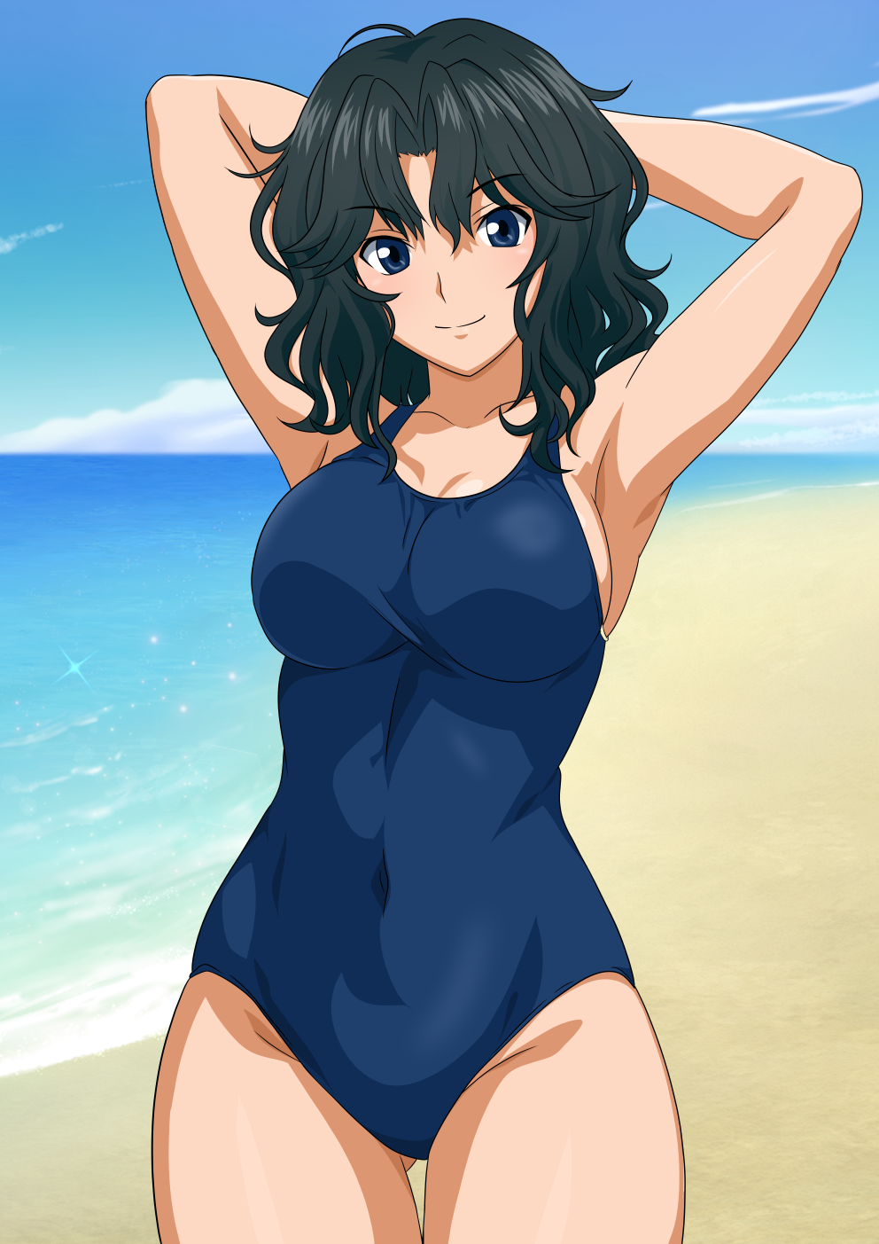 1girl amagami arms_behind_head beach black_eyes black_hair blue_one-piece_swimsuit breasts cleavage contrail covered_navel cowboy_shot highres long_hair medium_breasts new_school_swimsuit one-piece_swimsuit school_swimsuit smile solo swimsuit tanamachi_kaoru wavy_hair yuuyuu_(3jjbn)