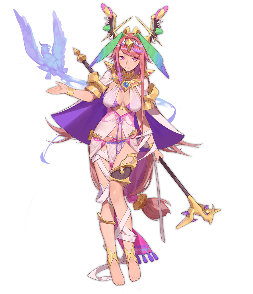 1girl anklet ark_order bandaged_leg bandages barefoot bird bra bracelet breasts breasts_apart cape center_opening closed_mouth dress fire full_body hairband holding holding_polearm holding_weapon jewelry large_breasts long_hair looking_at_viewer low-tied_long_hair necklace official_art pelvic_curtain pink_hair polearm purple_bra qa'a_(ark_order) red_cucumber sidelocks sleeveless sleeveless_dress smile solo tachi-e thighlet transparent_background underwear variant_set very_long_hair weapon white_cape white_dress