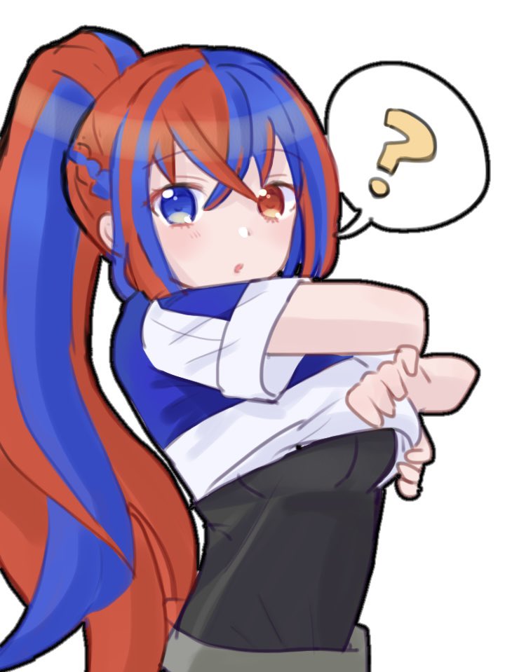 1girl ? alear_(female)_(fire_emblem) alear_(fire_emblem) blue_eyes blue_hair clothes_lift crossed_bangs fire_emblem fire_emblem_engage heterochromia kiui417 multicolored_hair red_eyes red_hair shirt_lift speech_bubble split-color_hair training_outfit_(fire_emblem_engage) two-tone_hair workout_clothes