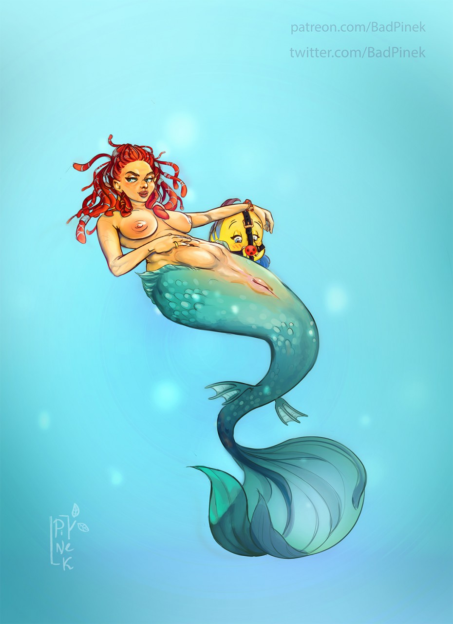 ariel_(disney) badpinek ball_gag bare_shoulders better_version_at_source big_breasts blue_background blue_eyes blush breasts clothed clothing disney duo female fin fish fish_tail flounder_(disney) gag genitals green_body green_scales hair half-closed_eyes hand_on_another's_head hand_on_stomach hi_res looking_at_genitalia looking_at_pussy looking_away male marine merfolk narrowed_eyes navel nipples pussy red_hair scales simple_background stripes the_little_mermaid topless underwater water yellow_body
