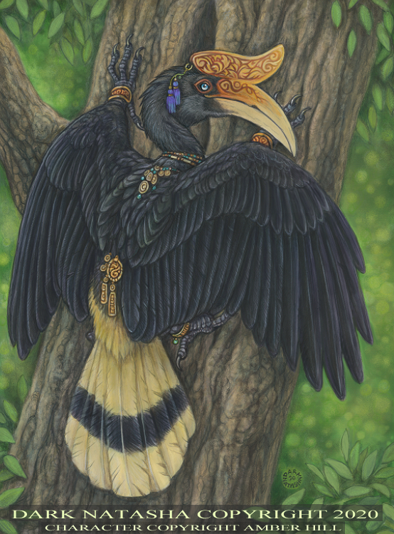 anklet avian bird blue_eyes bracelet bucerotiform dark_natasha english_text feathered_wings feathers furgonomics furry-specific_piercing hornbill jewelry jungle looking_at_viewer necklace piercing solo talons text tree tropical wings