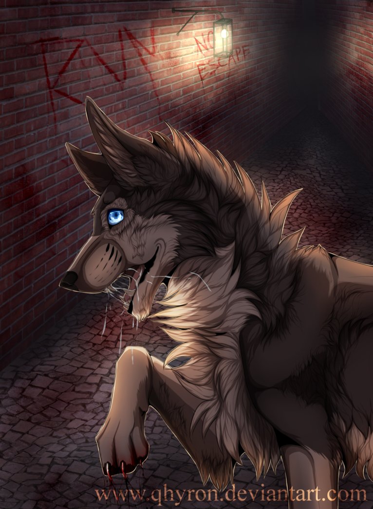 alley backalley better_version_at_source blood blue_eyes bodily_fluids canid canine canis claws digital_media_(artwork) domestic_dog drooling english_text feral frisky fur husky lamp light looking_at_viewer male mammal nordic_sled_dog nude open_mouth outside pawpads paws qhyron saliva shadow siberian_husky signature solo spitz teeth text tongue