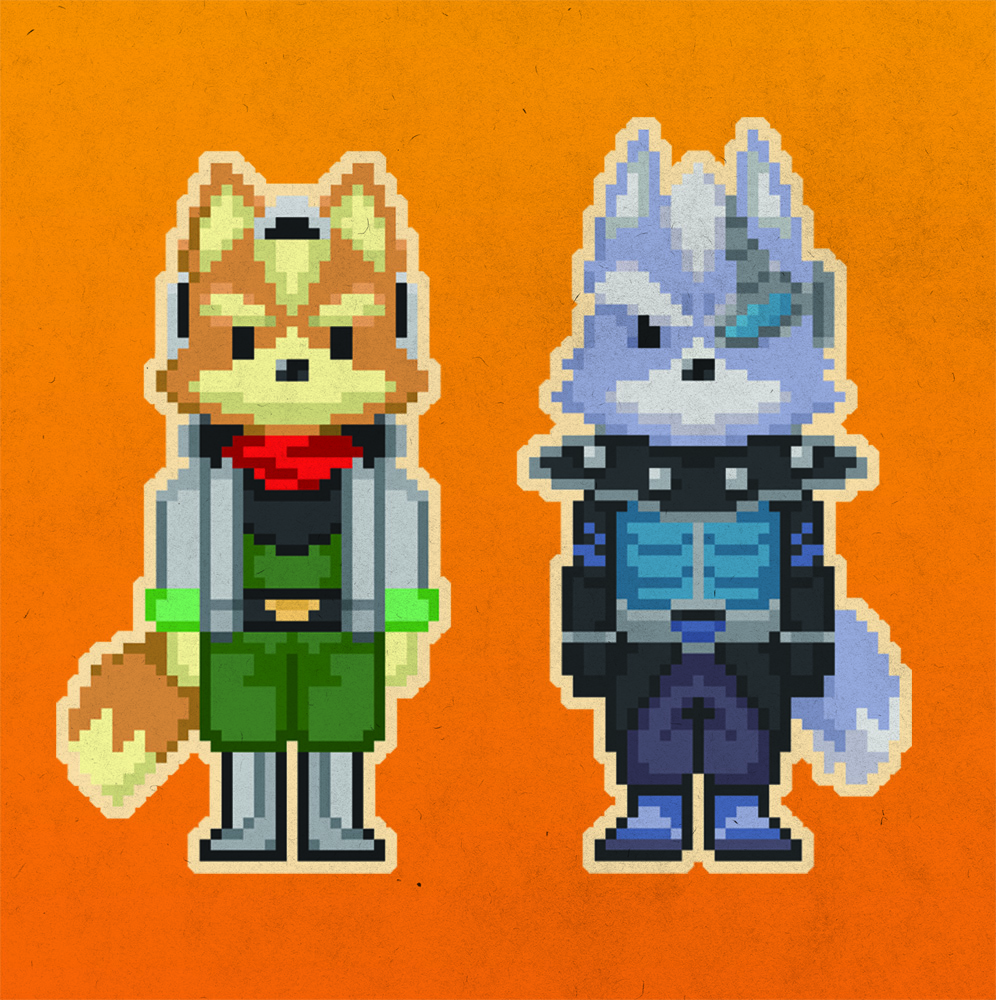 anthro brown_body brown_fur canid canine canis clothed clothing duo eye_patch eyewear fox fox_mccloud fully_clothed fur grey_body grey_fur male mammal michiyoshi nintendo orange_background simple_background star_fox video_games wolf wolf_o'donnell