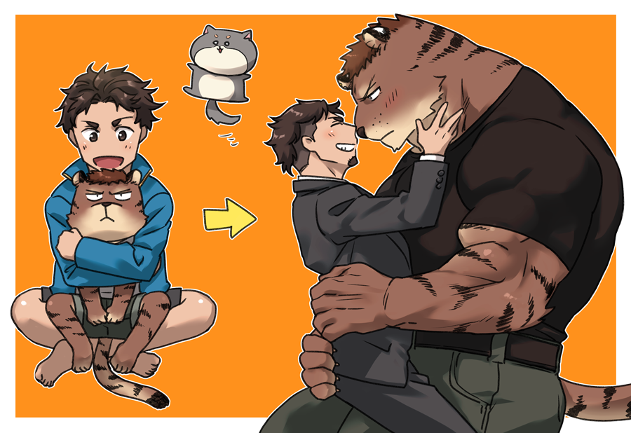 alternate_species anime anthro biped blush clothing duo felid growing_up human interspecies kazumichi_irie kyur4_th_ich larger_anthro male male/male mammal muscular muscular_anthro muscular_male oishi pantherine psycho_pass size_difference smaller_human suit teeth tiger