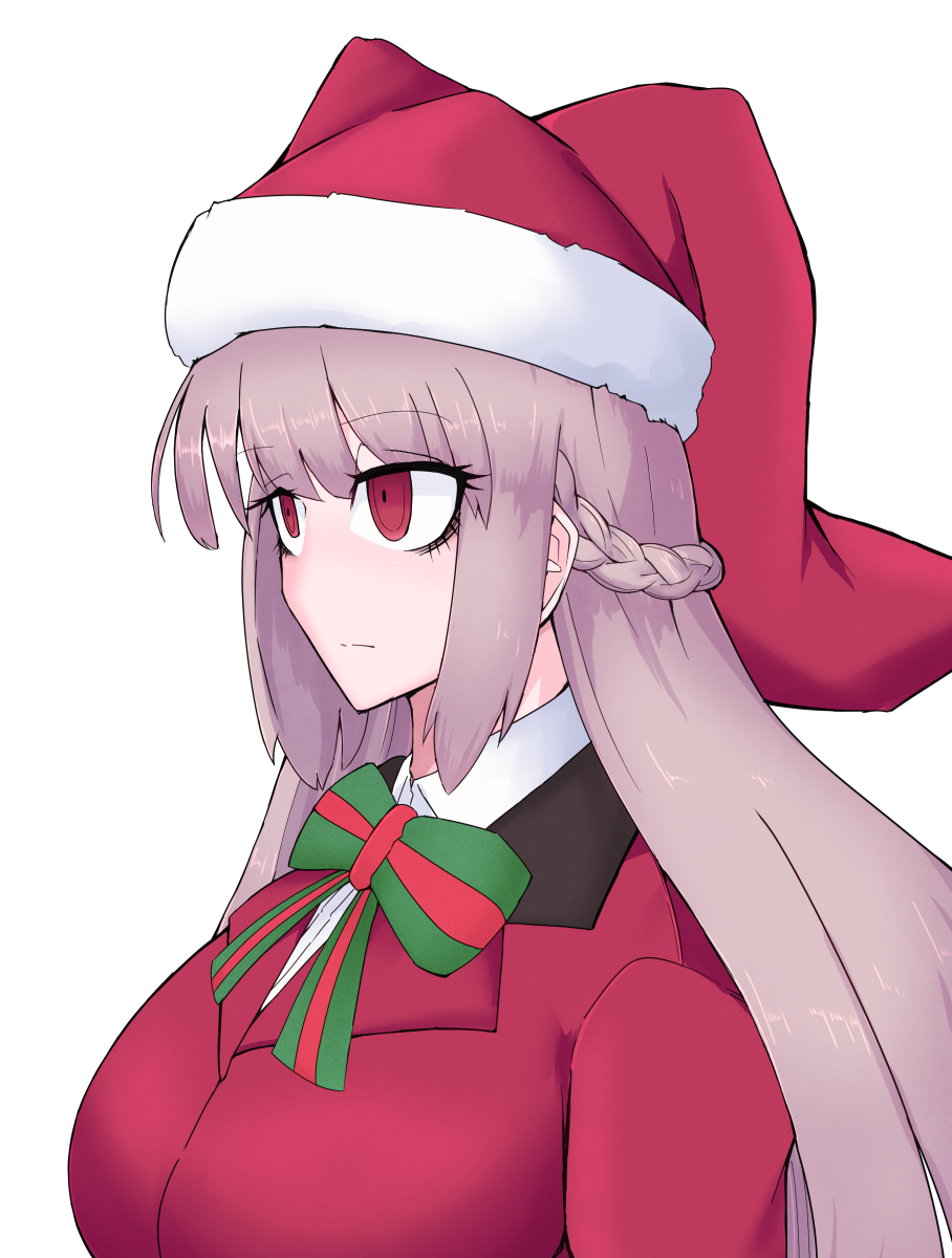 1girl @_@ bow braid breasts fate/grand_order fate_(series) florence_nightingale_(fate/grand_order) florence_nightingale_santa_(fate/grand_order) french_braid fur-trimmed_headwear hat highres jacket large_breasts long_hair multicolored_bow pink_hair red_eyes red_headwear red_jacket ringed_eyes santa_costume santa_hat solo tettsui_kusuru