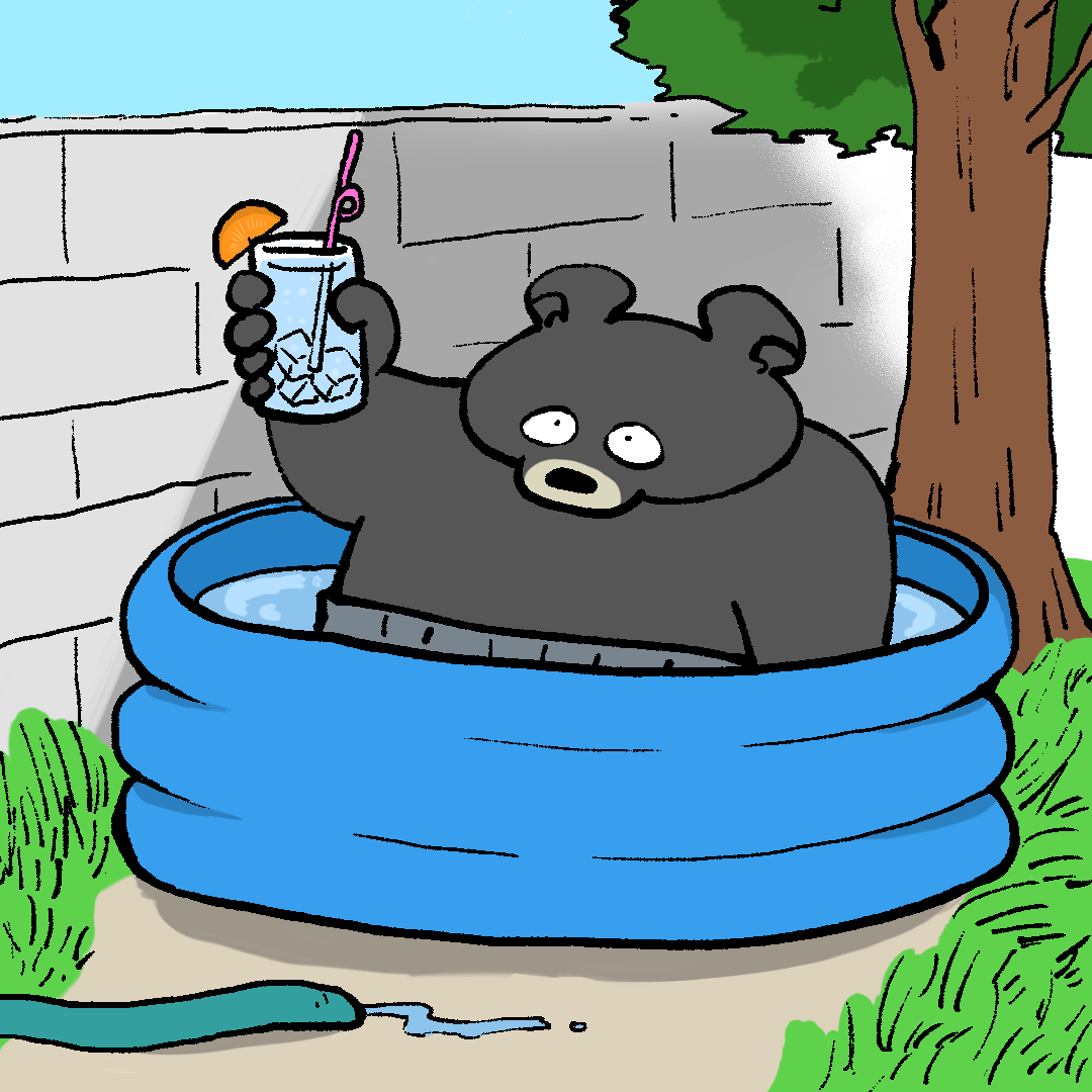 1:1 2020 aliasing anthro belly beverage black_bear black_body black_fur black_nose clothed clothing day fur holding_object hose humanoid_hands kemono male mammal moon_bear outside overweight overweight_anthro solo swimming_pool toony tree ursid ursine yuumin148