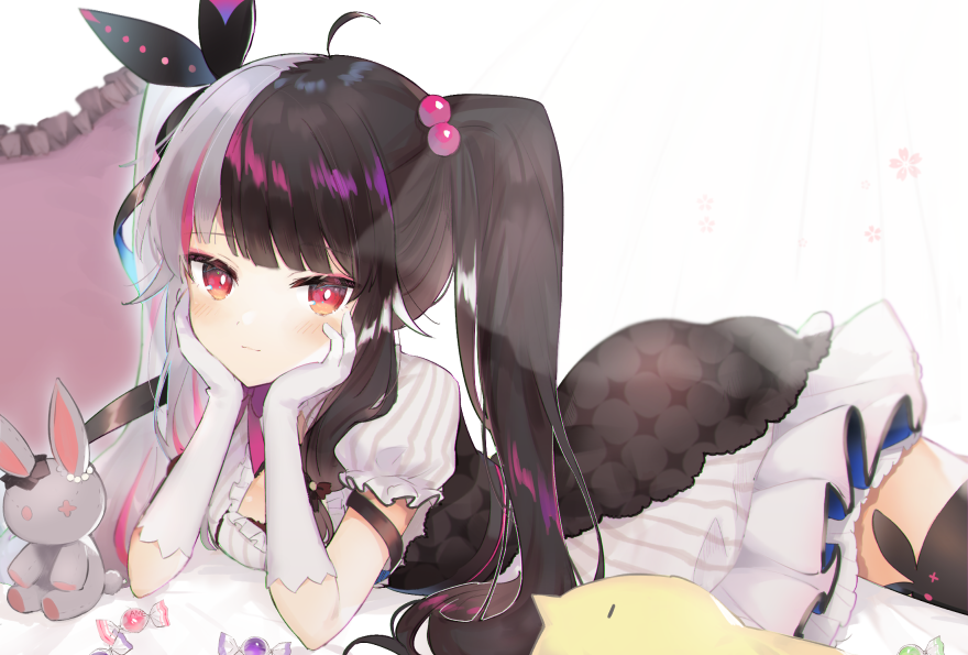 1girl ahoge animal_band_legwear black_hair black_legwear black_ribbon blush bunny_band_legwear closed_mouth commentary_request dress elbow_gloves frilled_pillow frills gloves hair_bobbles hair_ornament hair_ribbon hands_up long_hair lying multicolored_hair nijisanji on_stomach pillow pink_hair puffy_short_sleeves puffy_sleeves ribbon short_sleeves silver_hair smile solo streaked_hair striped stuffed_animal stuffed_bunny stuffed_toy thighhighs toufu_mentaru_zabuton twintails two-tone_hair vertical-striped_dress vertical_stripes virtual_youtuber white_dress white_gloves yorumi_rena