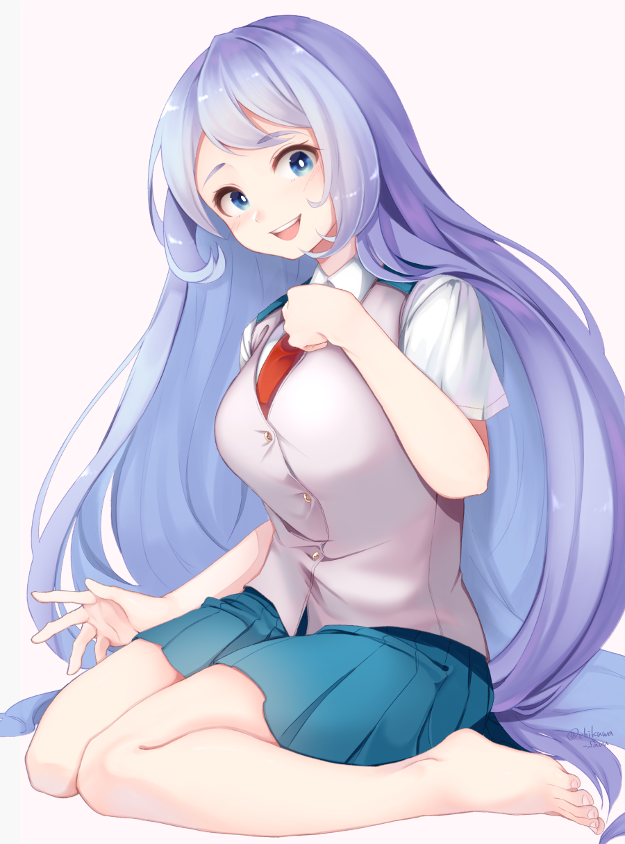 1girl :d artist_name bangs barefoot blue_eyes blue_hair blush boku_no_hero_academia breasts chikuwa_savi collared_shirt commentary_request full_body hadou_nejire hand_on_own_chest hand_up highres large_breasts long_hair looking_at_viewer necktie open_mouth pleated_skirt red_neckwear school_uniform shirt short_sleeves simple_background sitting skirt smile solo u.a._school_uniform very_long_hair vest wariza white_background white_shirt