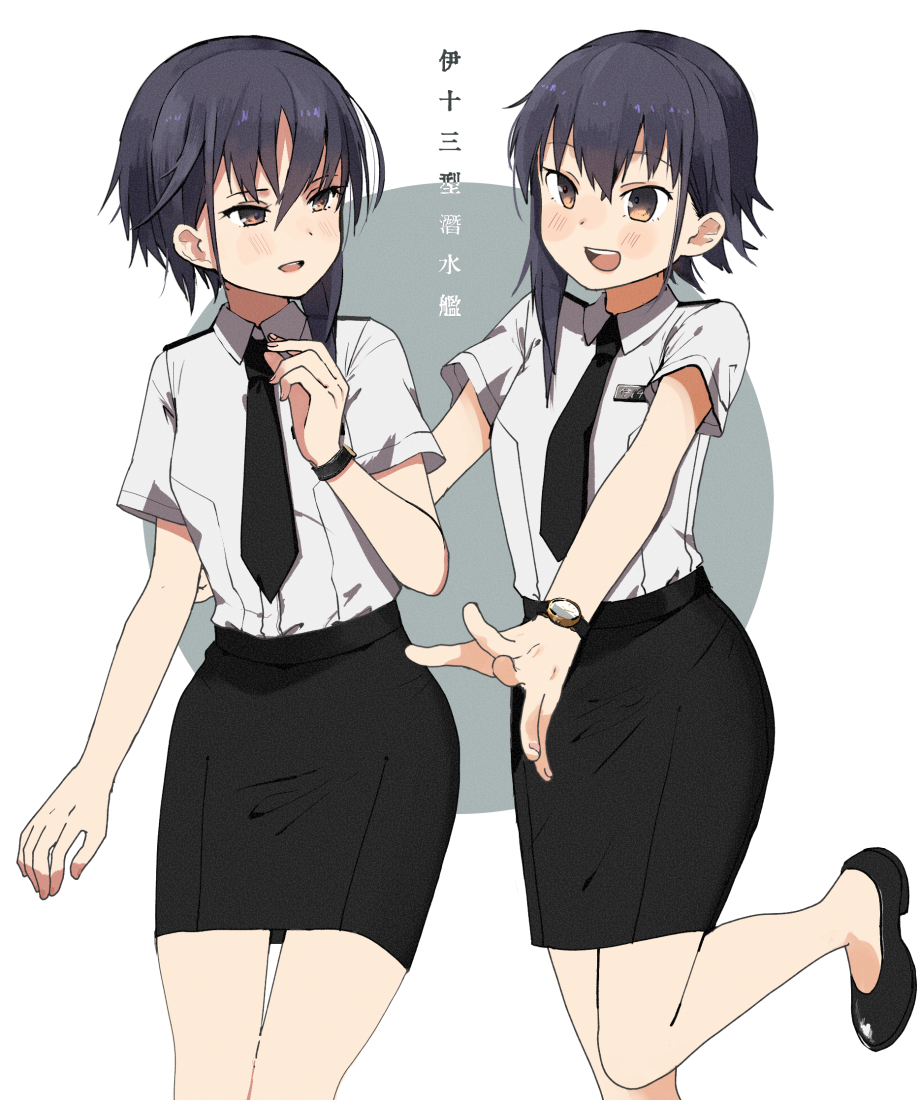 2girls :d alternate_costume annin_musou asymmetrical_hair black_footwear black_hair black_neckwear black_skirt blush brown_eyes collared_shirt i-13_(kantai_collection) i-14_(kantai_collection) kantai_collection long_hair multiple_girls necktie open_mouth pencil_skirt shirt short_sleeves skirt smile upper_teeth watch white_shirt wristwatch