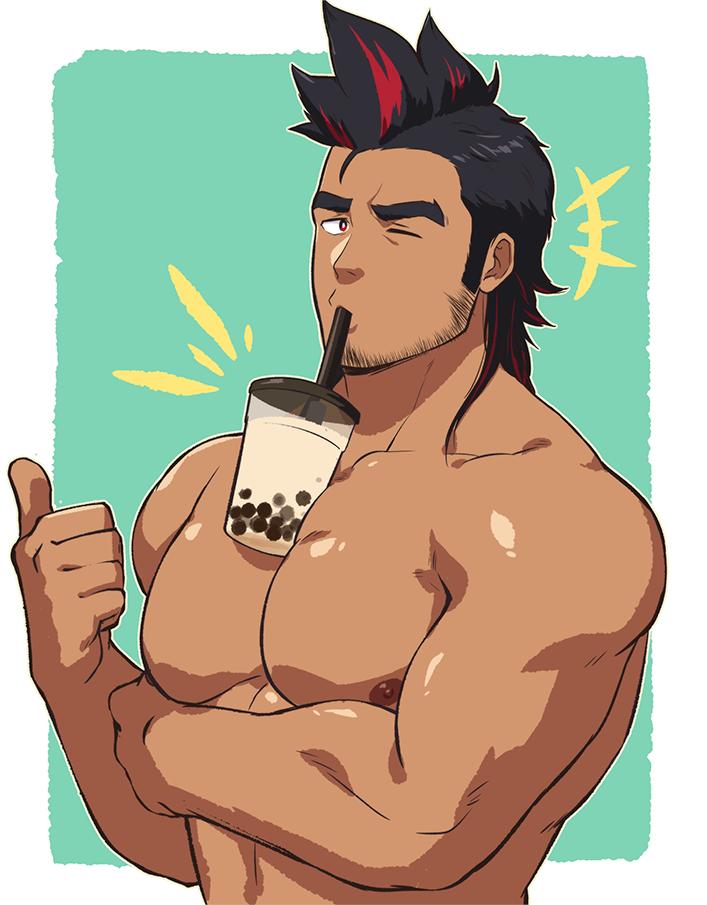 1boy abs bara between_pecs black_eyes black_hair bubble_tea bubble_tea_challenge chest cropped_torso drink facial_hair looking_at_viewer male_focus manly meme multicolored multicolored_eyes multicolored_hair muscle nipples object_on_pectorals original pectorals red_eyes red_hair solo streaked_hair thumbs_up upper_body zombies_inc.