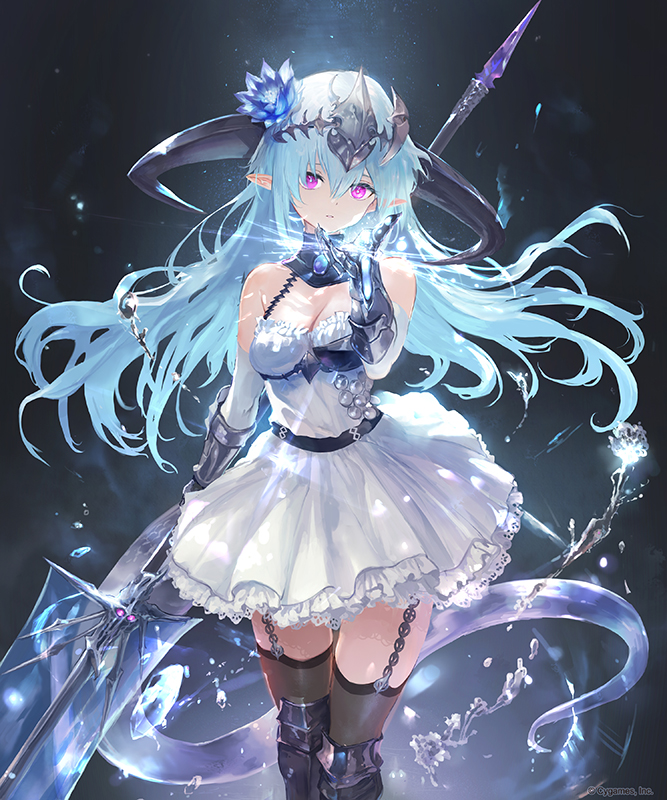 1girl aqua_hair armor bare_shoulders beckoning belt black_legwear blue_hair boots breasts cleavage commentary_request cygames diffraction_spikes dragon_girl dragon_tail dress elbow_gloves filene_(shadowverse) flower frills garter_straps gauntlets gloves greaves hair_flower hair_ornament holding holding_weapon horns igarashi_youhei light_particles long_hair looking_at_viewer medium_breasts outstretched_hand pink_eyes pointy_ears polearm shadowverse simple_background skirt solo sparkle standing tail thighhighs water weapon white_dress