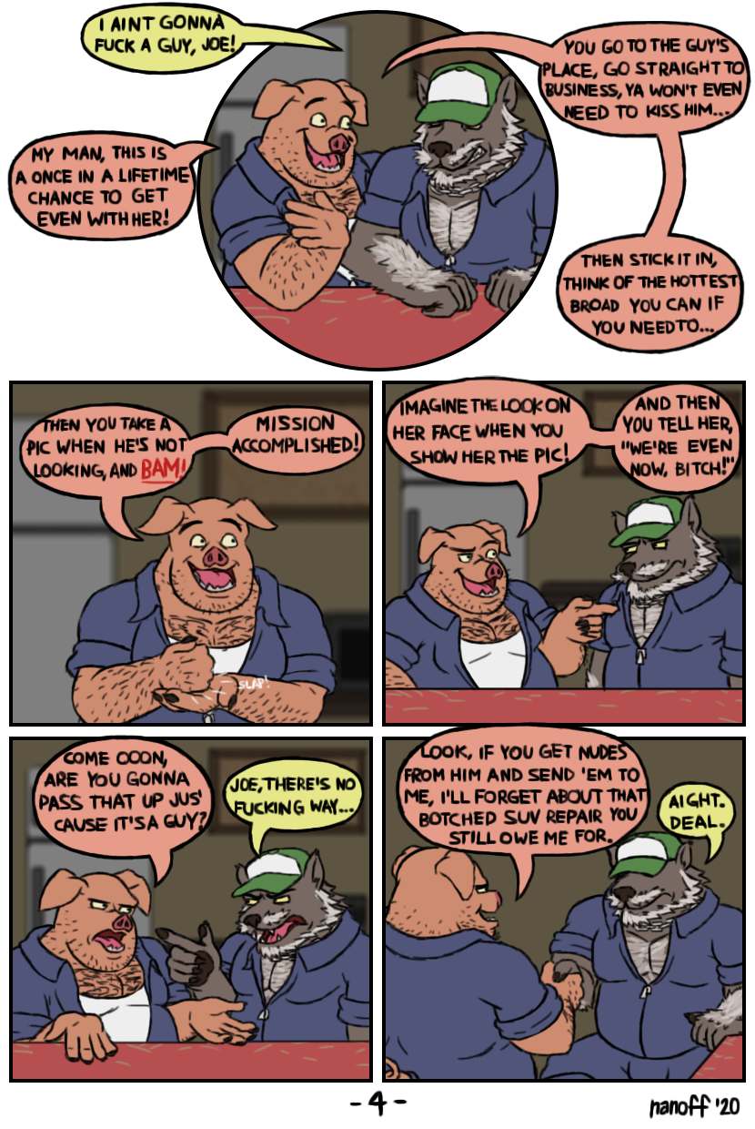 anthro body_hair boomer_(nanoff) canid canine canis chest_hair comic domestic_pig duo english_text hi_res joe_(nanoff) male male/male mammal muscular muscular_male nanoff overweight overweight_male profanity speech_bubble suid suina sus_(pig) text wolf