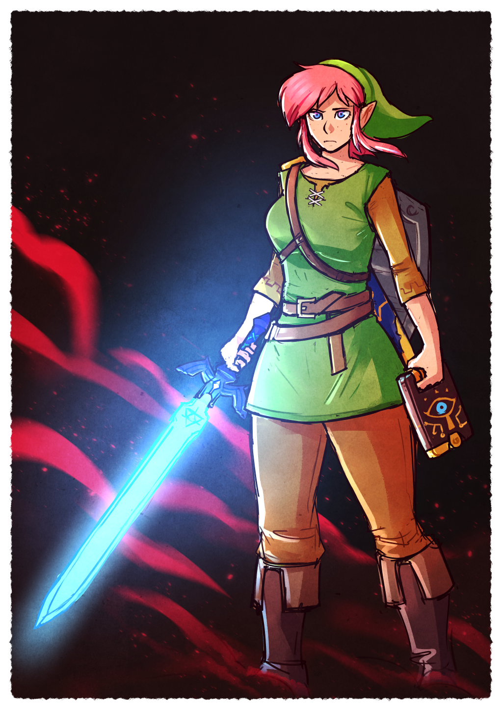 belt belt_buckle blue_eyes boots bottomwear breasts brellom brown_bottomwear brown_clothing brown_pants clothing crossgender female footwear freckles glowing glowing_sword glowing_weapon green_tunic hair hi_res holding_object holding_sword holding_weapon humanoid humanoid_pointy_ears hylian knee_boots light_skin link master_sword medium_breasts melee_weapon mtf_crossgender nintendo not_furry pants pink_hair shield shirt solo sword the_legend_of_zelda topwear tunic video_games weapon yellow_clothing yellow_shirt yellow_topwear