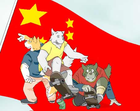 2003 anthro bottomwear canid canine canis chinese_flag clothing domestic_dog flag fur gombee green_body green_fur group humanoid_hands kemono low_res male mammal shirt shorts skateboard topwear white_body white_fur