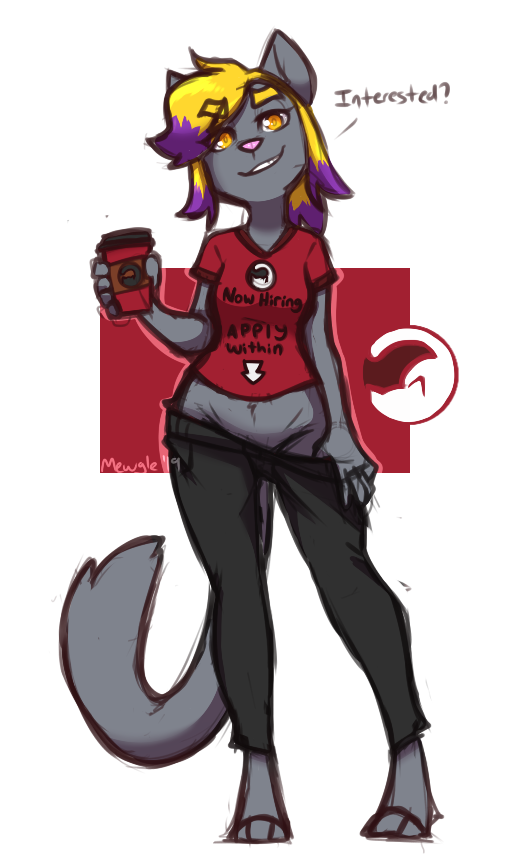 2019 anthro ashley_(mewgle) barefoot beverage blonde_hair bottomwear clothed clothing crotch_lines cup dialogue domestic_cat english_text felid feline felis female fur grey_body grey_fur hair highlights_(coloring) holding_cup holding_object looking_at_viewer mammal mewgle midriff no_underwear pants pants_pull pink_nose purple_highlights shirt smile solo standing teasing text topwear yellow_eyes