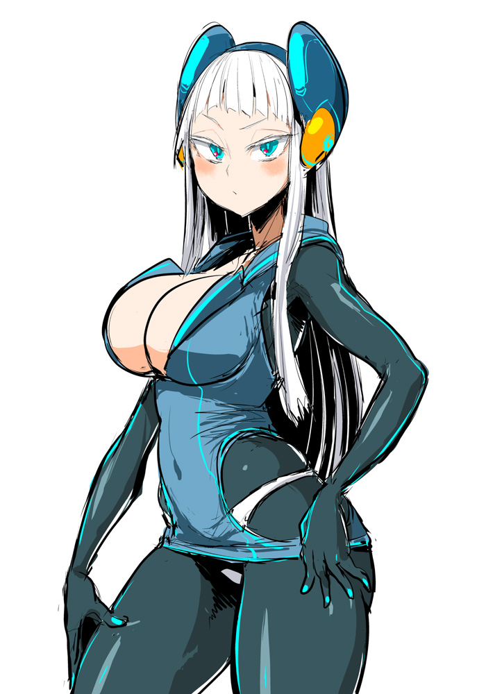 1girl bangs blue_dress blue_eyes blush bodysuit breasts cleavage closed_mouth collarbone commentary_request covered_navel dress electro_emilia hand_on_hip headgear highleg highleg_panties ken_(koala) large_breasts long_hair looking_at_viewer neon_trim original pale_skin panties shiny shiny_clothes short_dress skin_tight solo underwear white_background white_hair white_panties