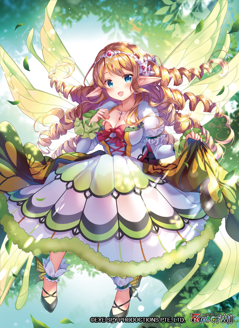 1girl blonde_hair blue_eyes bow breasts cleavage copyright_name diadem dress drill_hair fairy_wings floating_hair force_of_will gem jewelry large_breasts leaf long_hair long_sleeves looking_at_viewer multicolored multicolored_clothes multicolored_dress necklace official_art open_mouth outdoors pointy_ears red_bow sakura_moyon shoes solo wings