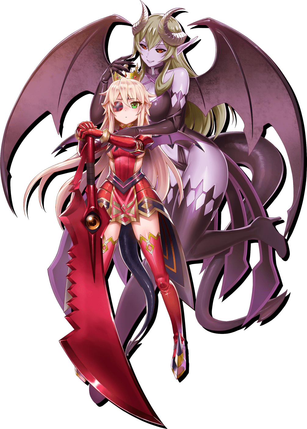 2girls aldra_(queen's_blade) armor armored_dress black_sclera boots breasts closed_mouth crown curled_horns delmore demon_girl demon_horns demon_tail demon_wings elbow_gloves eyepatch fang full_body gauntlets gloves greaves green_eyes high_heels highres horns large_breasts long_hair multiple_girls official_art platinum_blonde_hair pointy_ears purple_skin queen's_blade queen's_blade_white_triangle red_eyes sidelocks small_breasts smile sword tachi-e tail thigh_boots thighhighs very_long_hair weapon wings