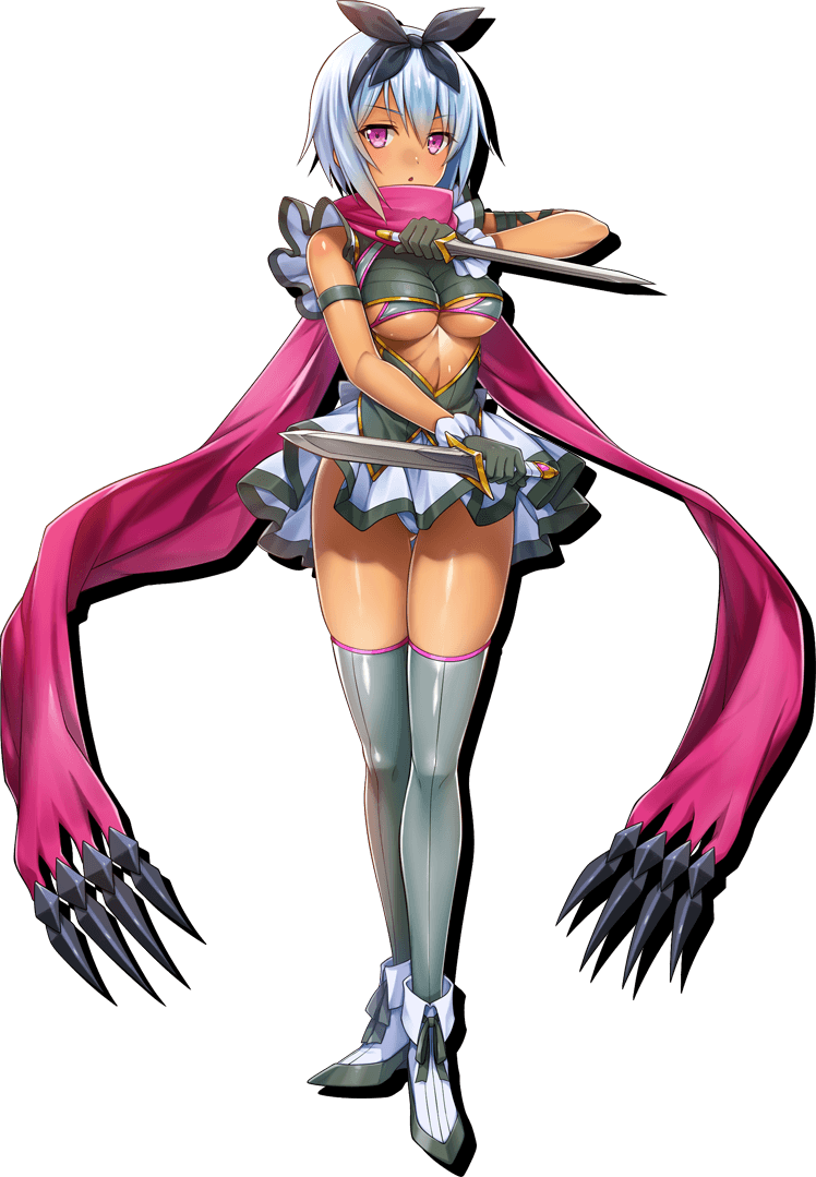 1girl blue_hair blue_panties bow breasts dress dual_wielding full_body grey_legwear hair_between_eyes hair_bow holding holding_weapon irma legs_together looking_at_viewer official_art panties pantyshot parted_lips pink_eyes queen's_blade queen's_blade_white_triangle scarf short_dress short_hair short_sword skindentation small_breasts solo sword tachi-e tan thighhighs underwear weapon