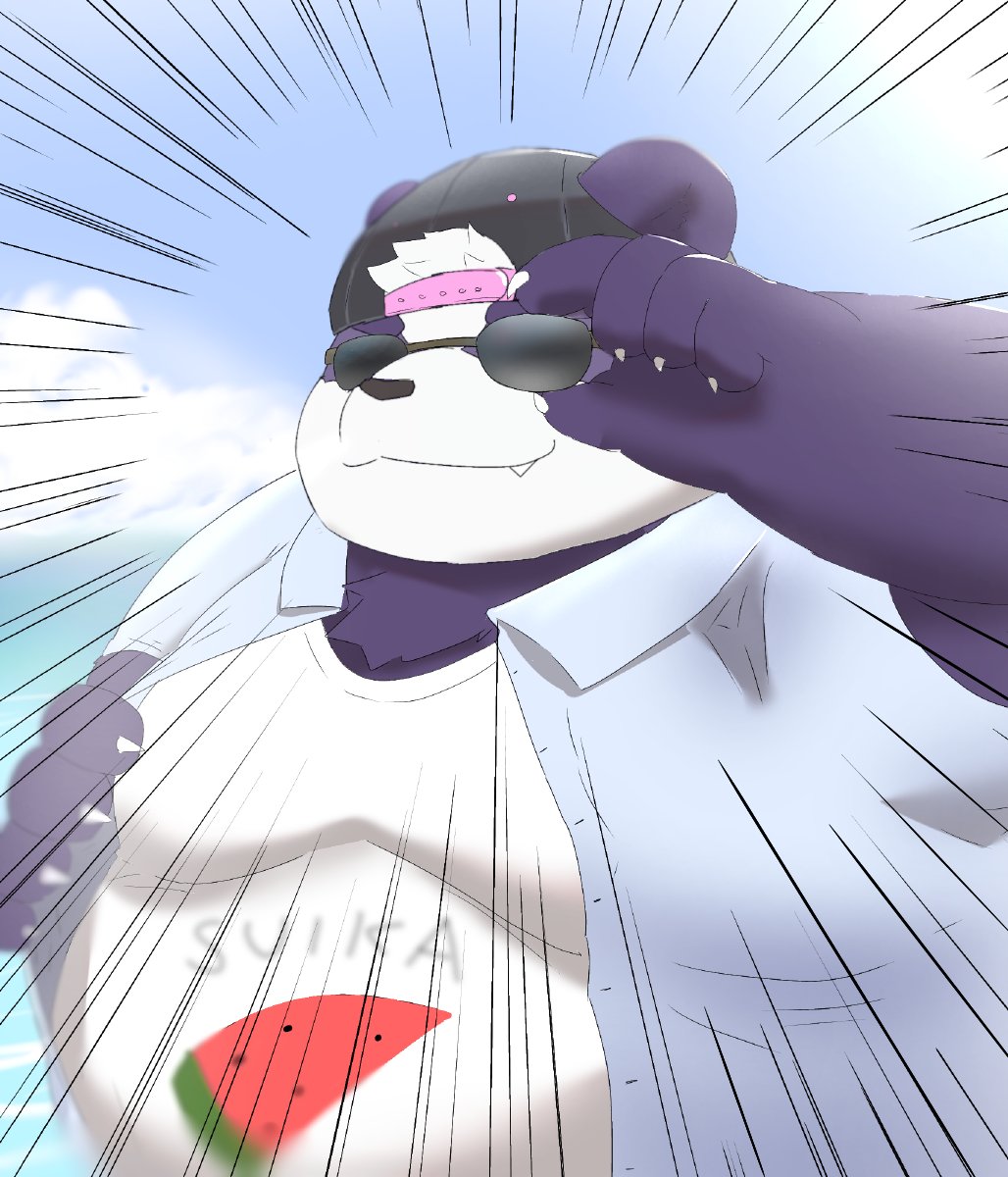 2020 alp_(tas) anhrmgzo anthro belly clothing eyewear fur giant_panda hat headgear headwear hi_res humanoid_hands kemono male mammal outside overweight overweight_anthro overweight_male purple_body purple_fur shirt solo sunglasses tokyo_afterschool_summoners topwear ursid video_games white_body white_fur