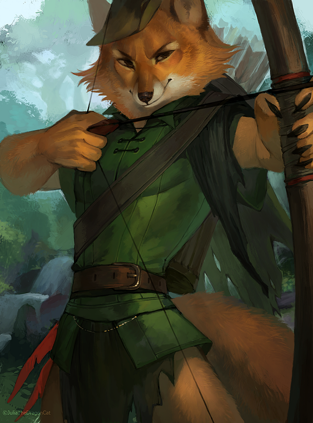 2020 5_fingers anthro brown_body brown_fur canid canine clothed clothing day detailed_background digital_media_(artwork) disney fingers fox fur hi_res juliathedragoncat male mammal moss outside robin_hood robin_hood_(disney) solo tree