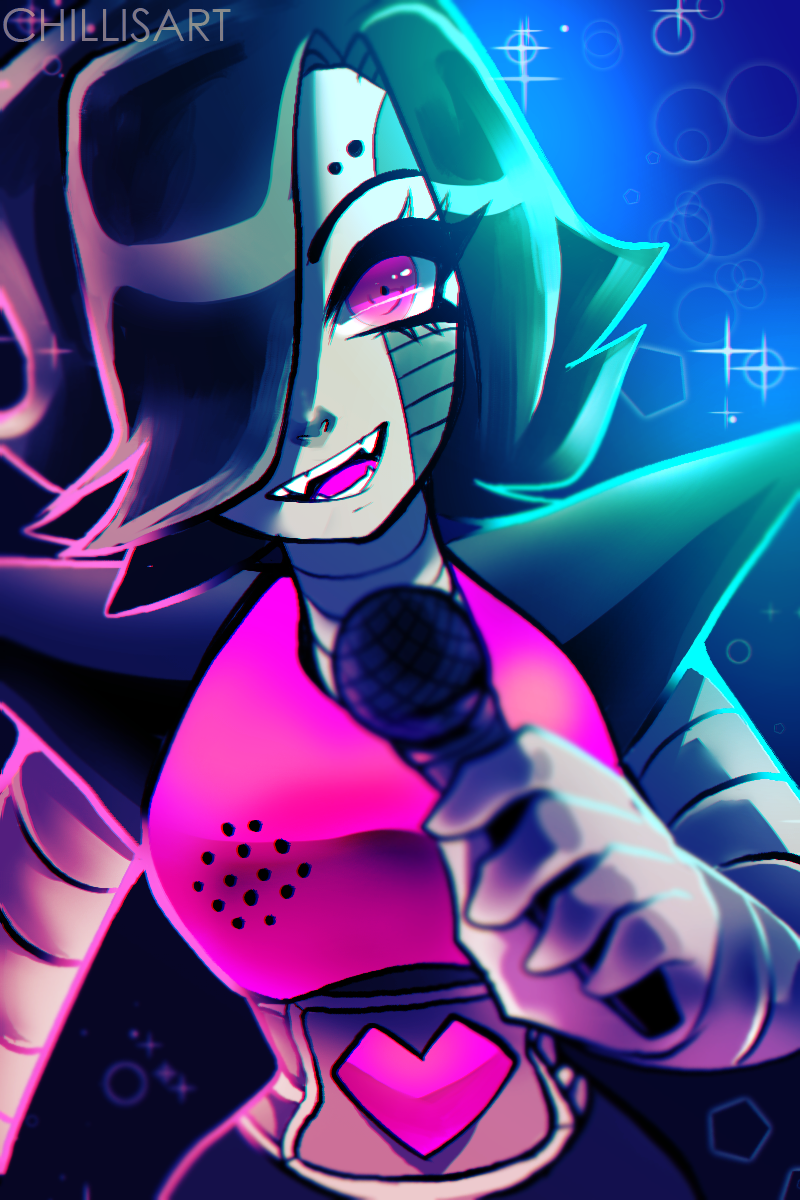 1boy artist_name bangs black_hair blue_background commentary english_commentary fangs hair_over_one_eye hand_up happy heart highres holding looking_at_viewer male_focus mettaton mettaton_ex microphone open_mouth pink_eyes robot shiny shiny_hair short_hair smile solo spacecolonie sparkle teeth undertale upper_body watermark