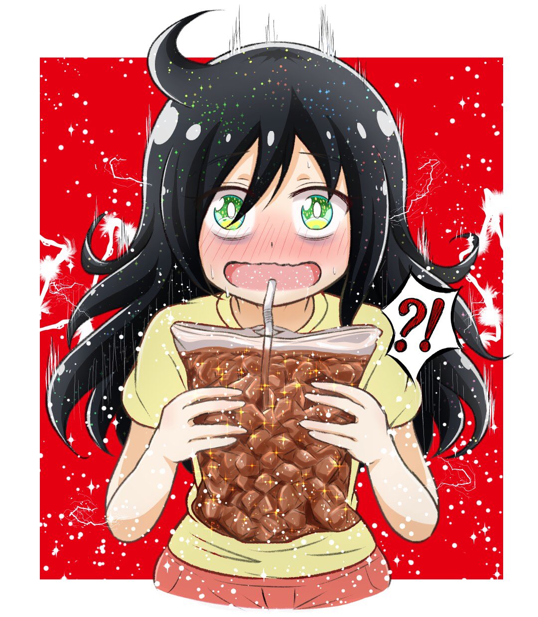 !? 1girl bag black_hair blush border brain_freeze casual coca-cola commentary_request cropped_torso drinking_straw electricity full-face_blush green_eyes hair_between_eyes highres holding holding_bag ice ice_cube ice_pack kuroki_tomoko long_hair looking_at_viewer open_mouth outside_border red_background shirt soda solo sweat watashi_ga_motenai_no_wa_dou_kangaetemo_omaera_ga_warui! wavy_mouth white_border yellow_shirt yuu_kurema