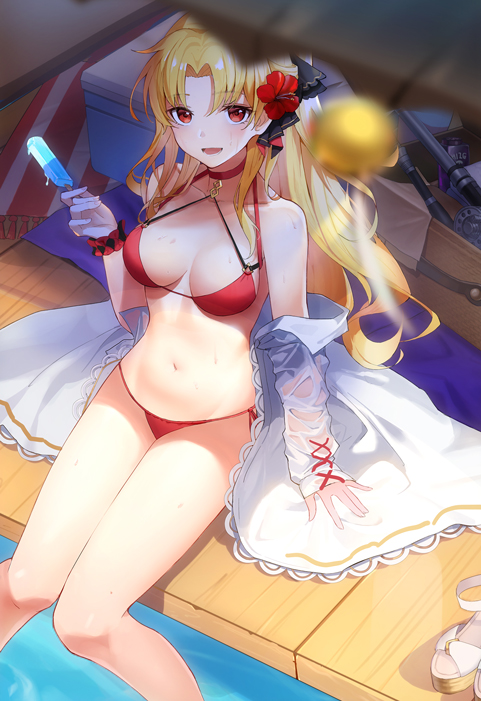 1girl :d alternate_costume alternate_hairstyle bare_shoulders bikini black_ribbon blonde_hair blurry_foreground blush breasts breasts_apart choker collarbone ereshkigal_(fate/grand_order) fate/grand_order fate_(series) flower food hair_flower hair_ornament hair_ribbon holding holding_food long_hair looking_at_viewer looking_up luobo_(nsnr8754) medium_breasts melting open_clothes open_mouth open_shirt popsicle red_bikini red_choker red_eyes red_flower ribbon shirt side-tie_bikini sitting smile solo swimsuit water white_shirt